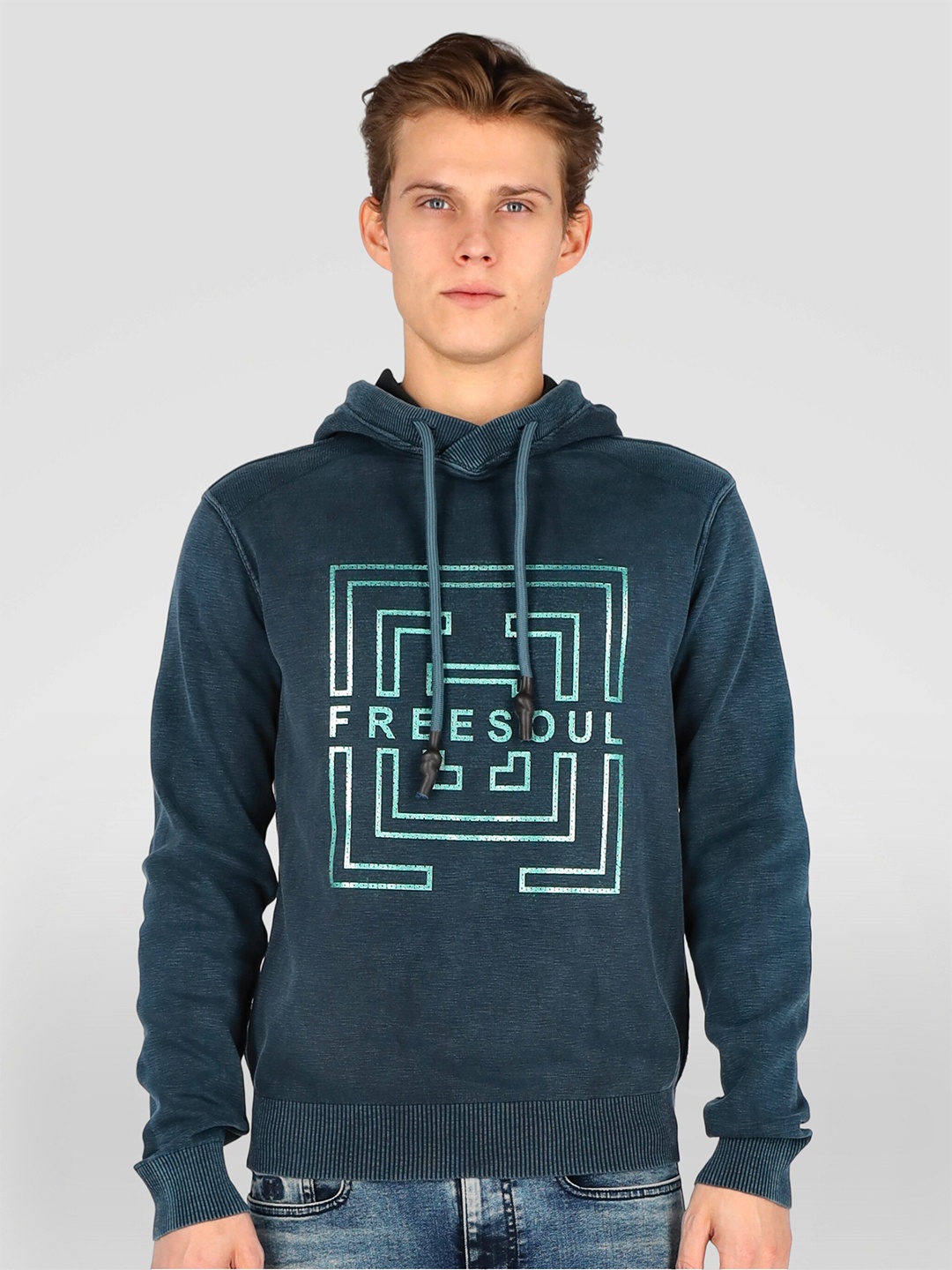 

FREESOUL Men Blue Printed Hooded Sweatshirt