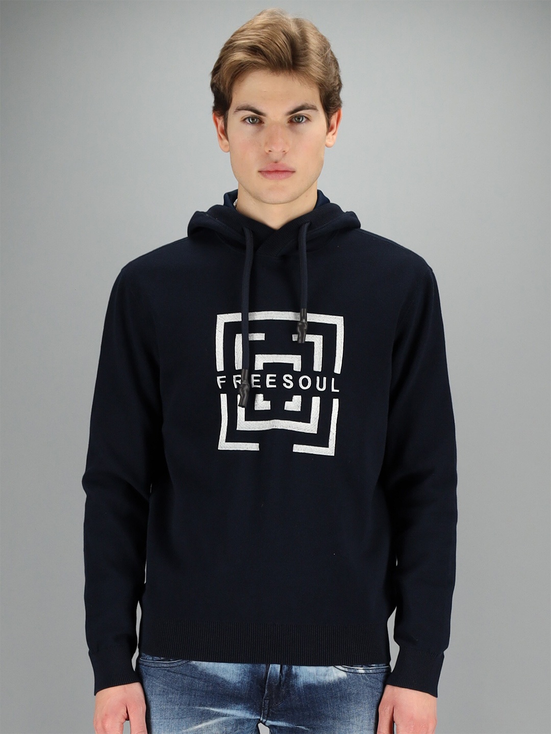 

FREESOUL Men Blue Printed Hooded Sweatshirt