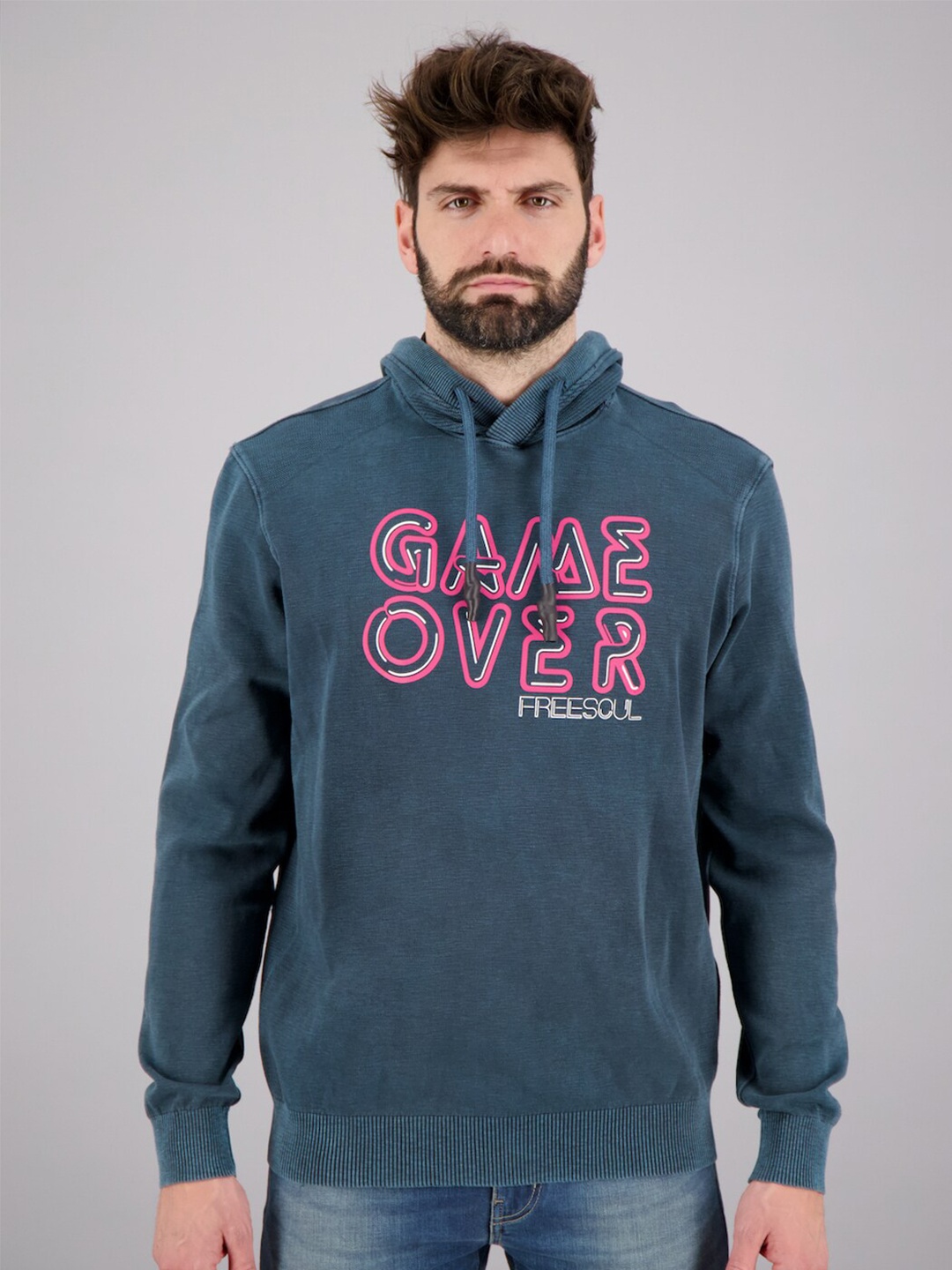 

FREESOUL Men Turquoise Blue Printed Hooded Sweatshirt