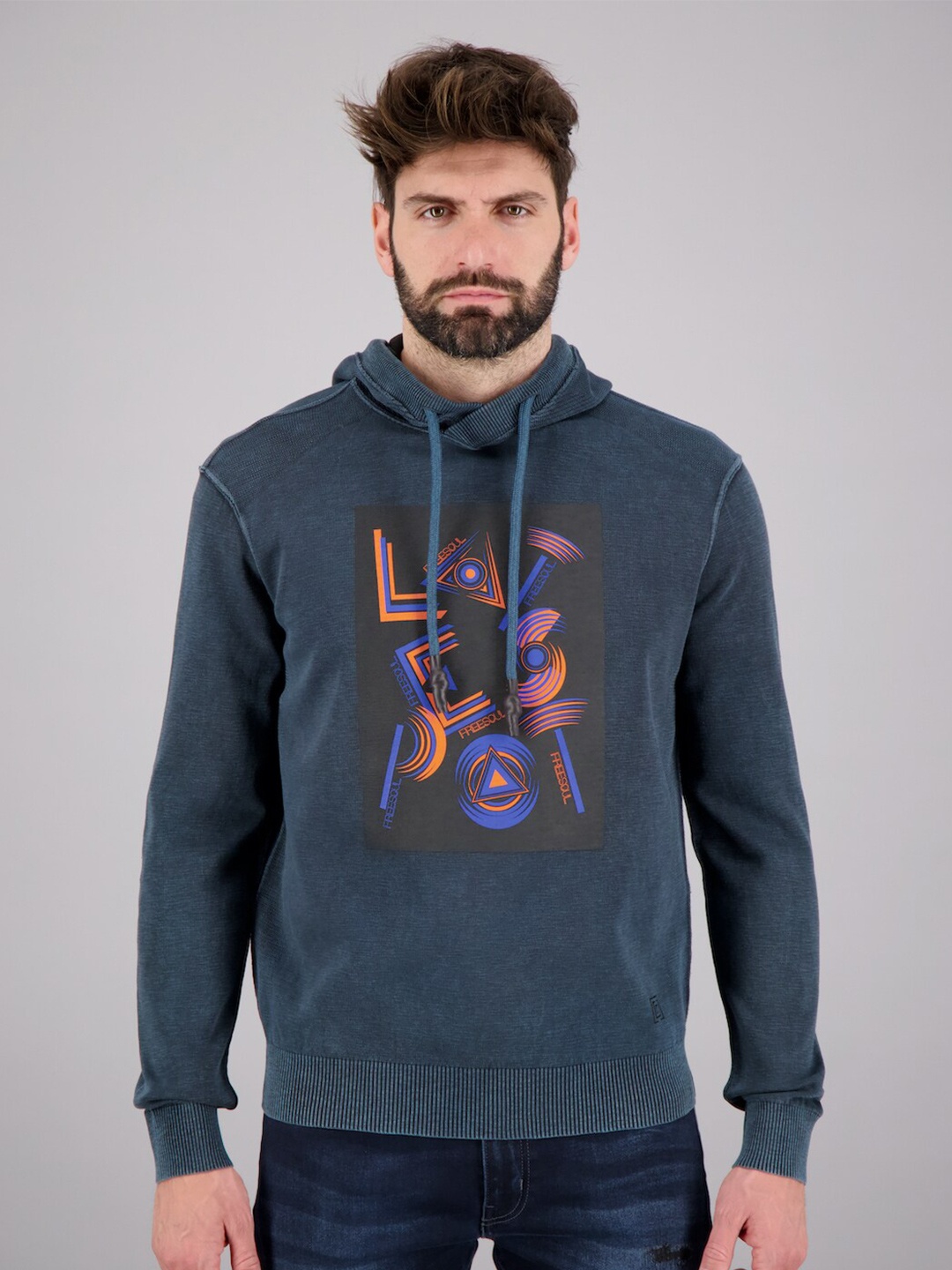 

FREESOUL Men Blue Printed Hooded Sweatshirt
