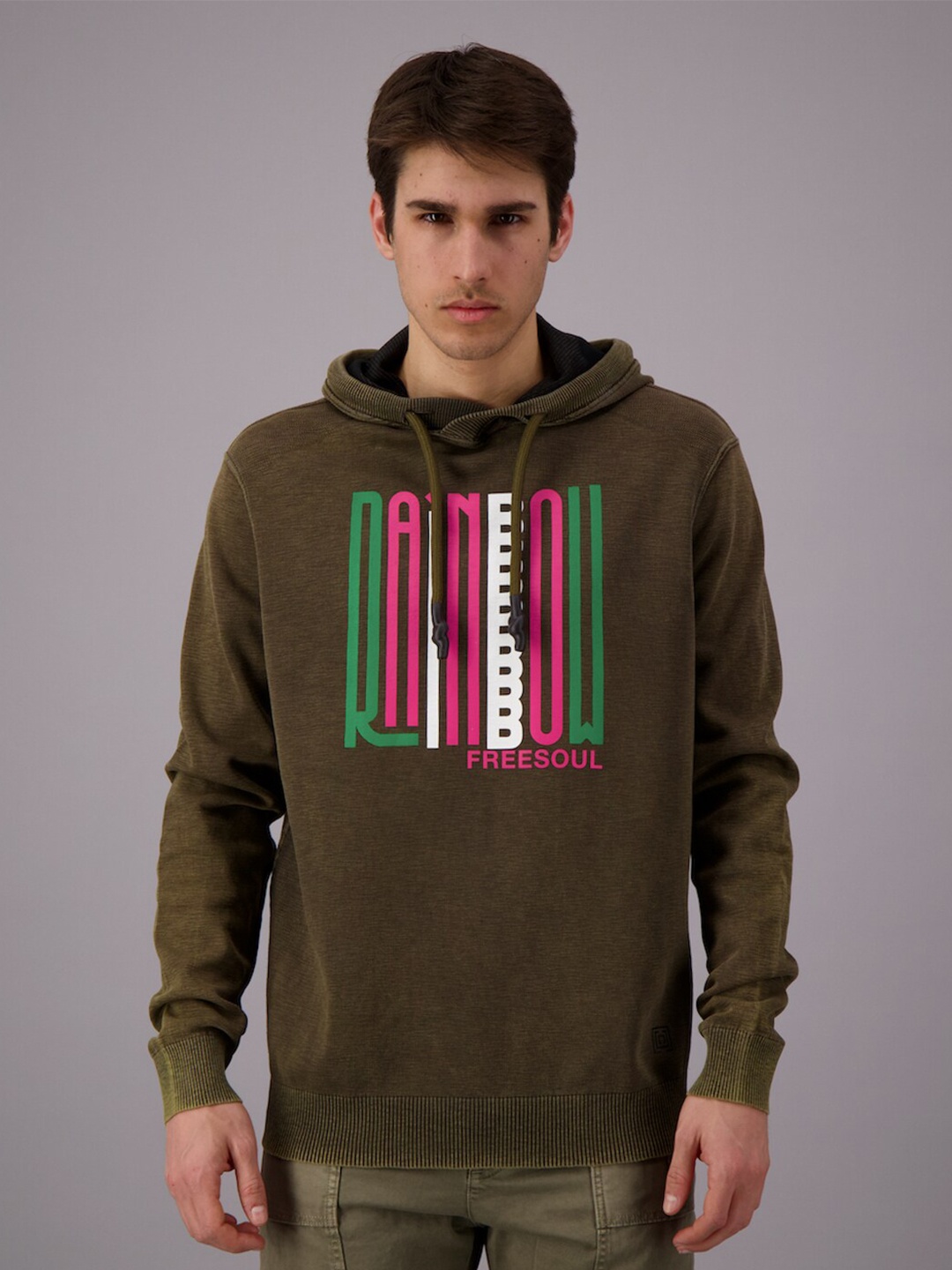 

FREESOUL Men Khaki Printed Hooded Sweatshirt
