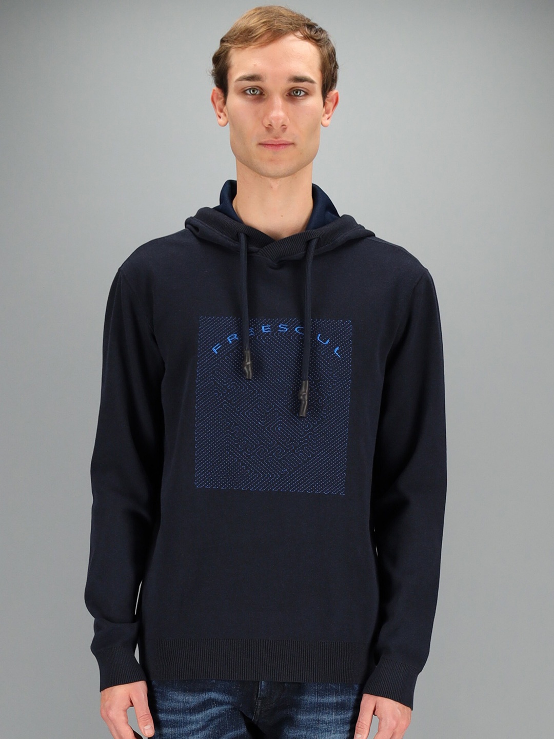 

FREESOUL Men Navy Blue Printed Hooded Sweatshirt