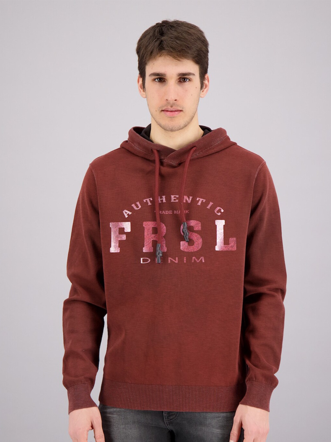 

FREESOUL Men Maroon Printed Hooded Sweatshirt