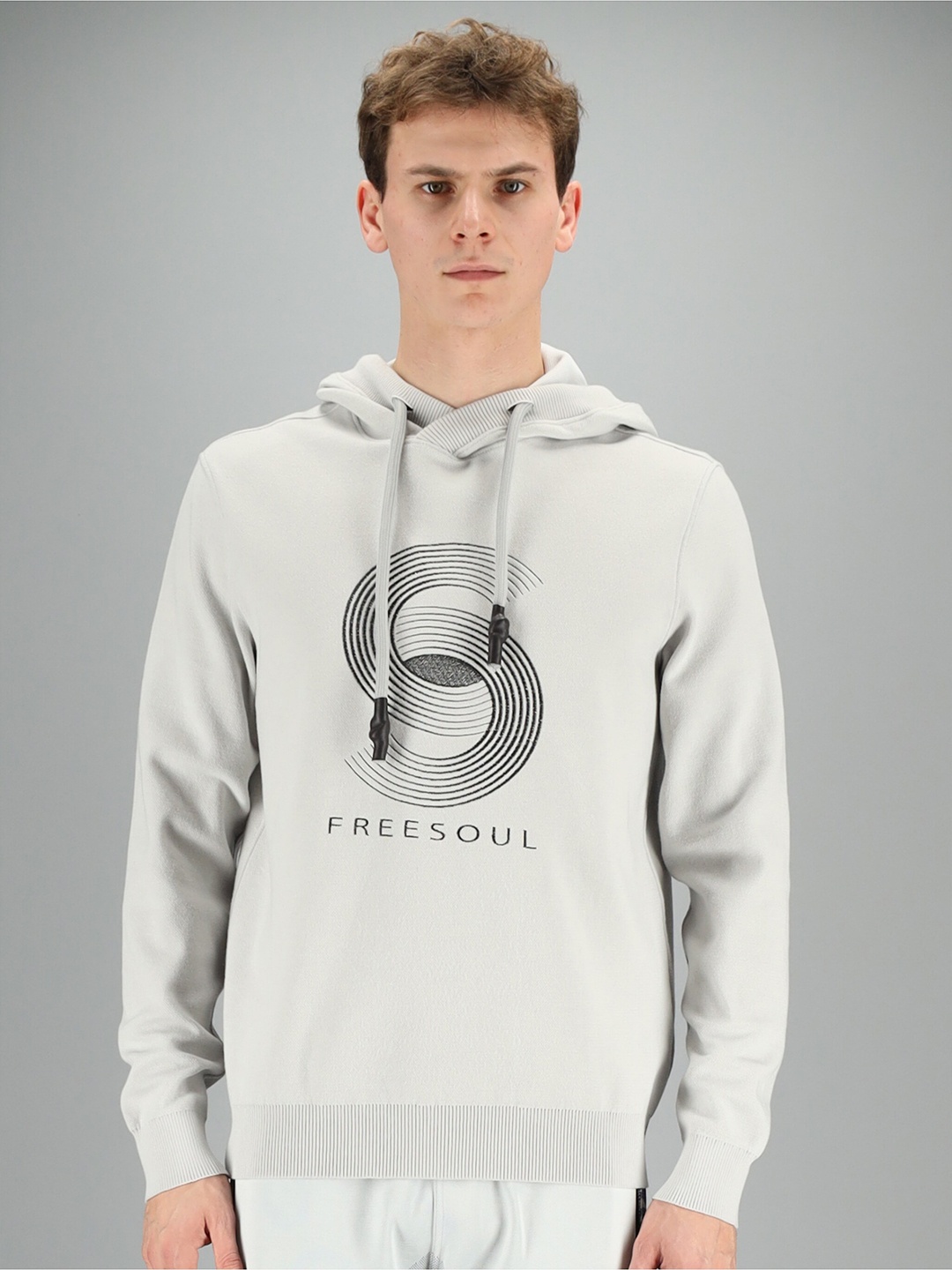 

FREESOUL Men Grey Printed Hooded Sweatshirt