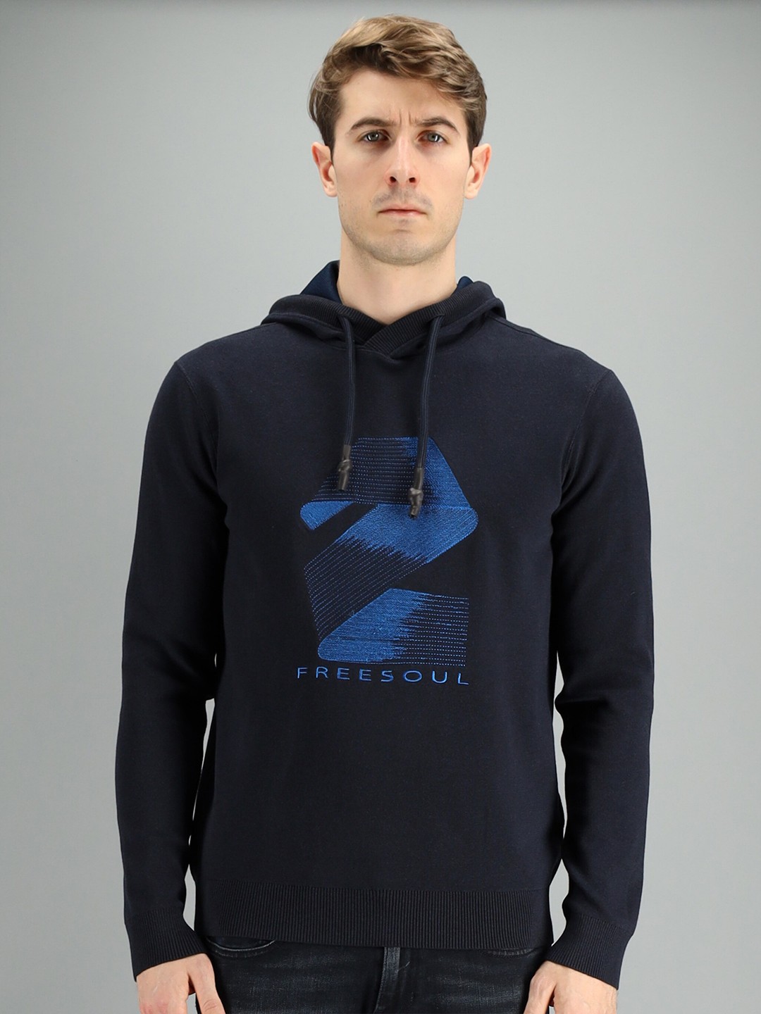 

FREESOUL Men Blue Printed Hooded Sweatshirt