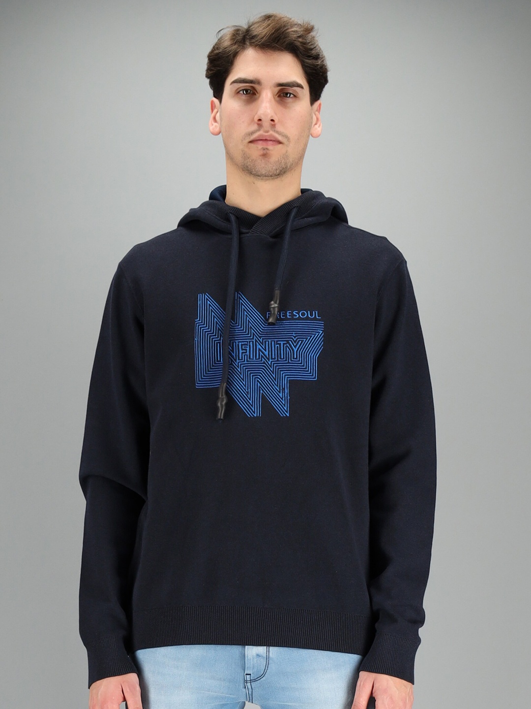 

FREESOUL Men Blue Printed Hooded Sweatshirt