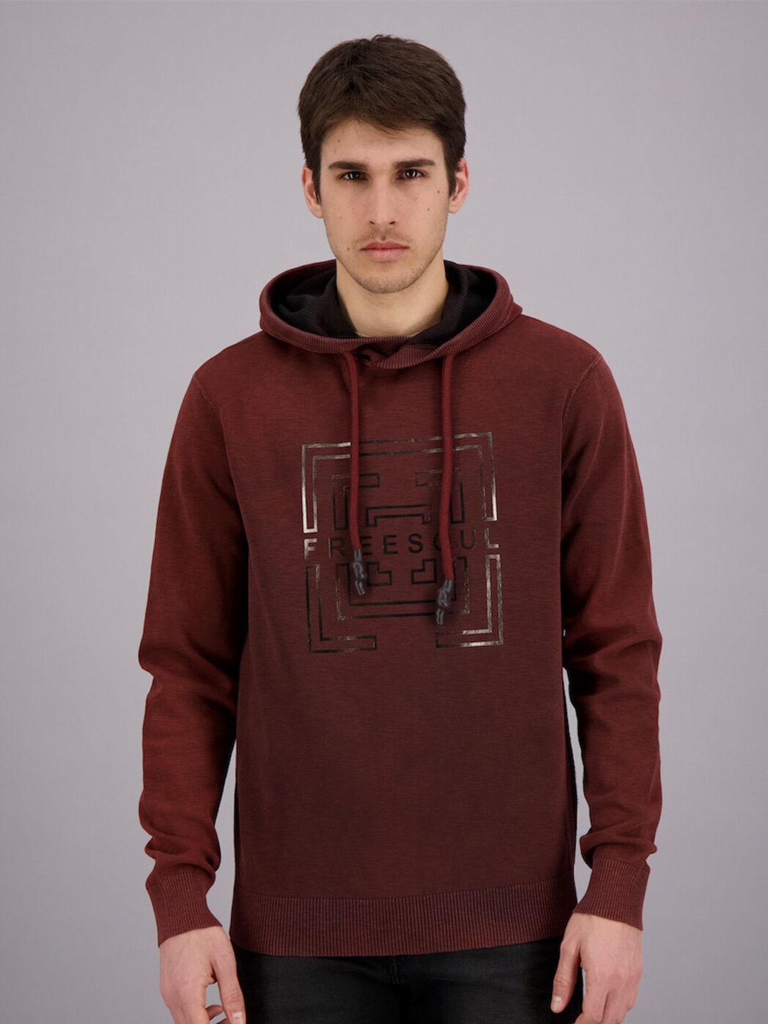 

FREESOUL Men Maroon Printed Hooded Sweatshirt