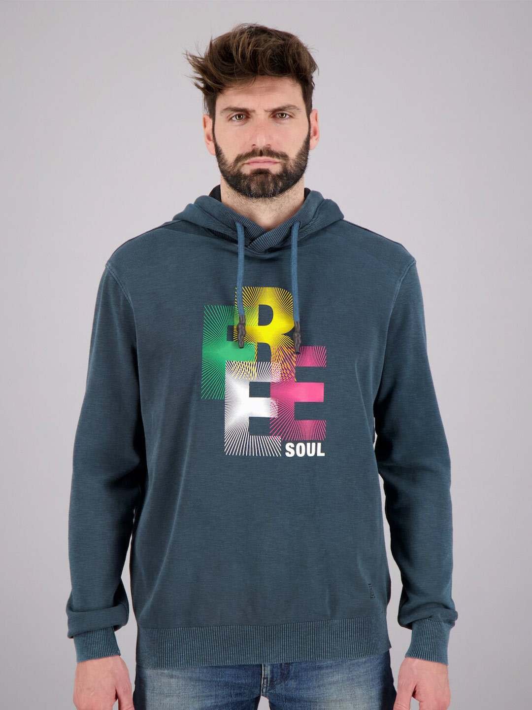 

FREESOUL Men Blue Printed Hooded Sweatshirt