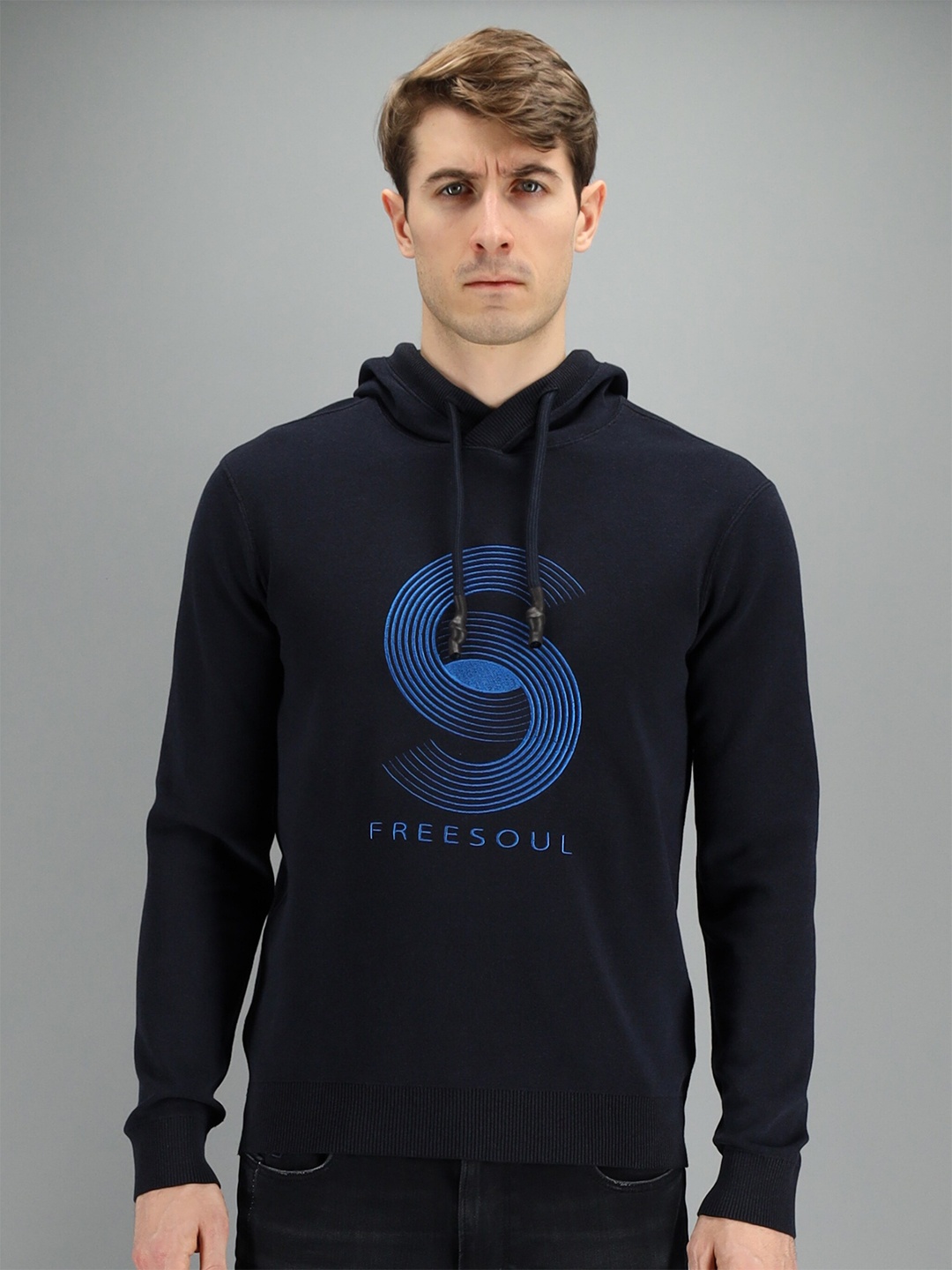 

FREESOUL Men Navy Blue Printed Hooded Sweatshirt