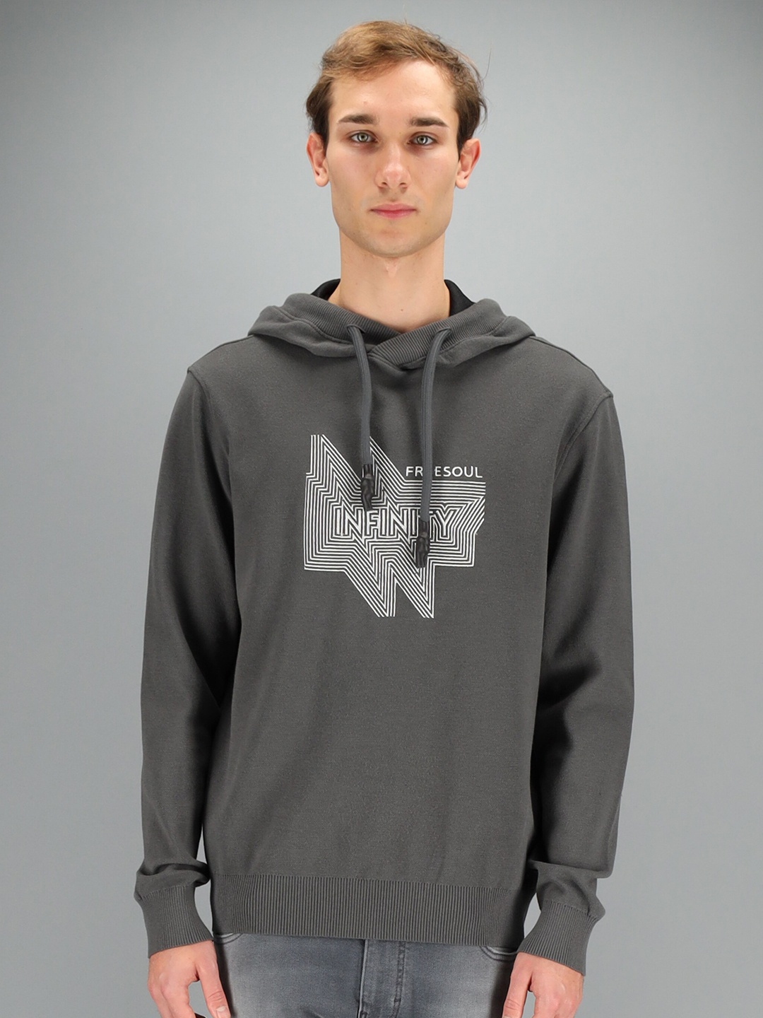 

FREESOUL Men Grey Printed Hooded Sweatshirt