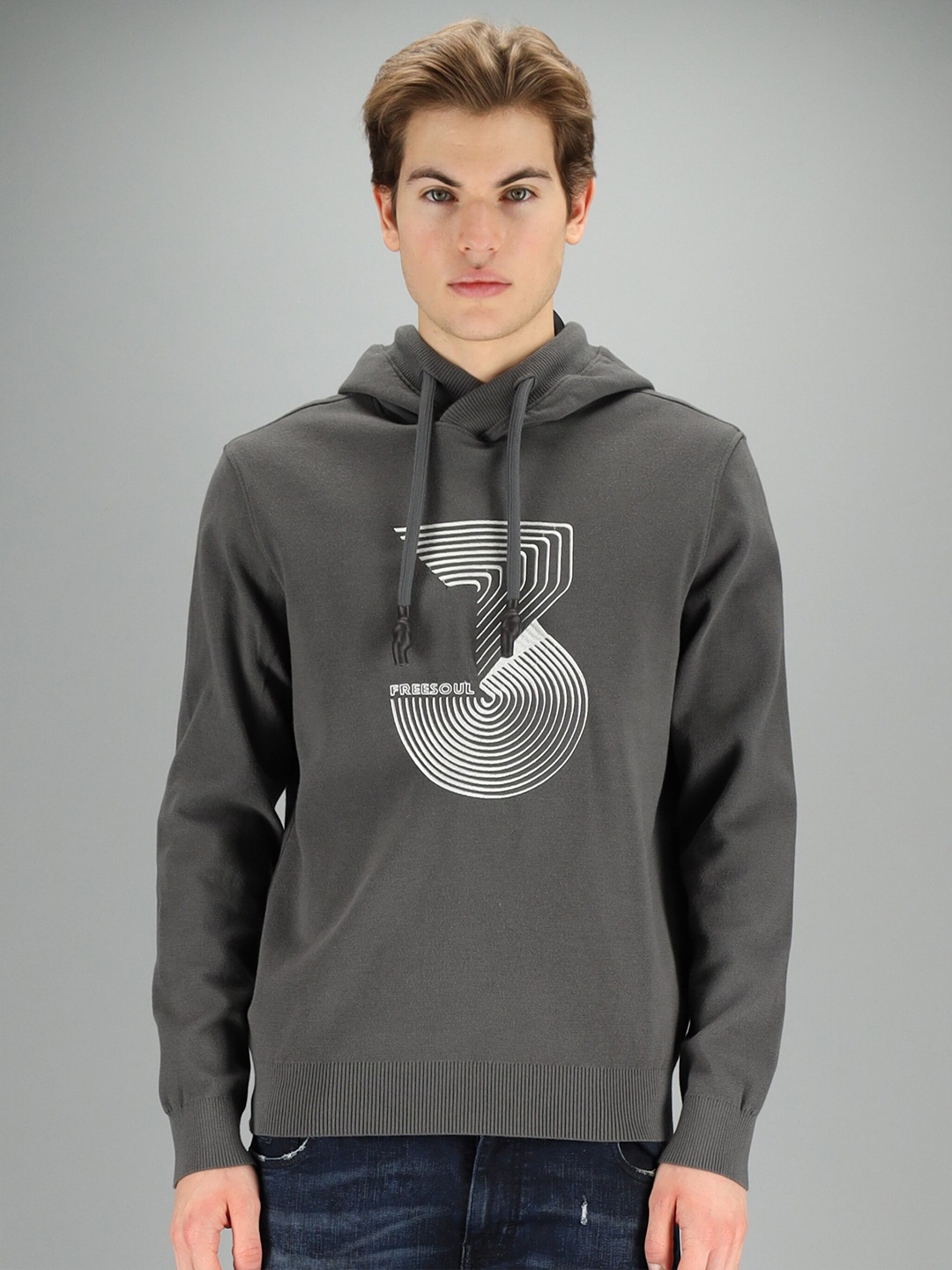

FREESOUL Men Grey Printed Hooded Sweatshirt