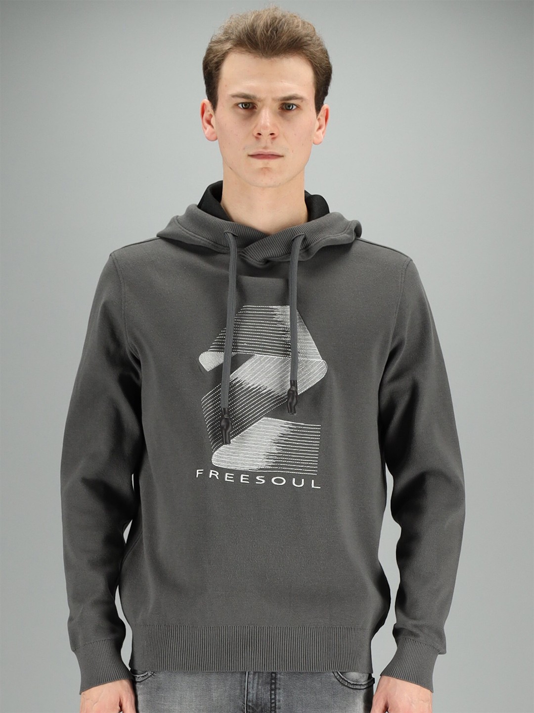 

FREESOUL Men Grey Printed Hooded Sweatshirt