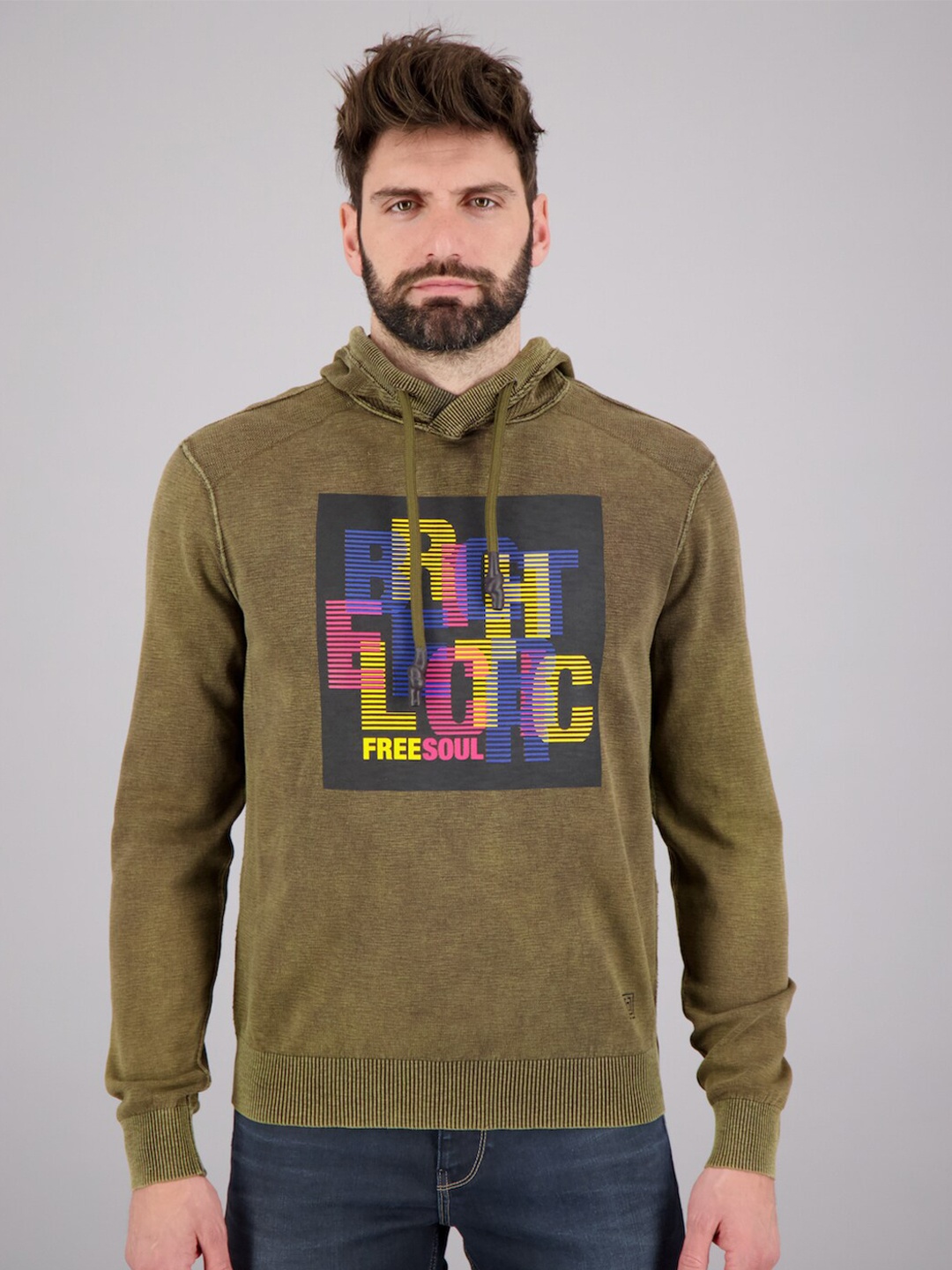

FREESOUL Men Khaki Printed Hooded Sweatshirt