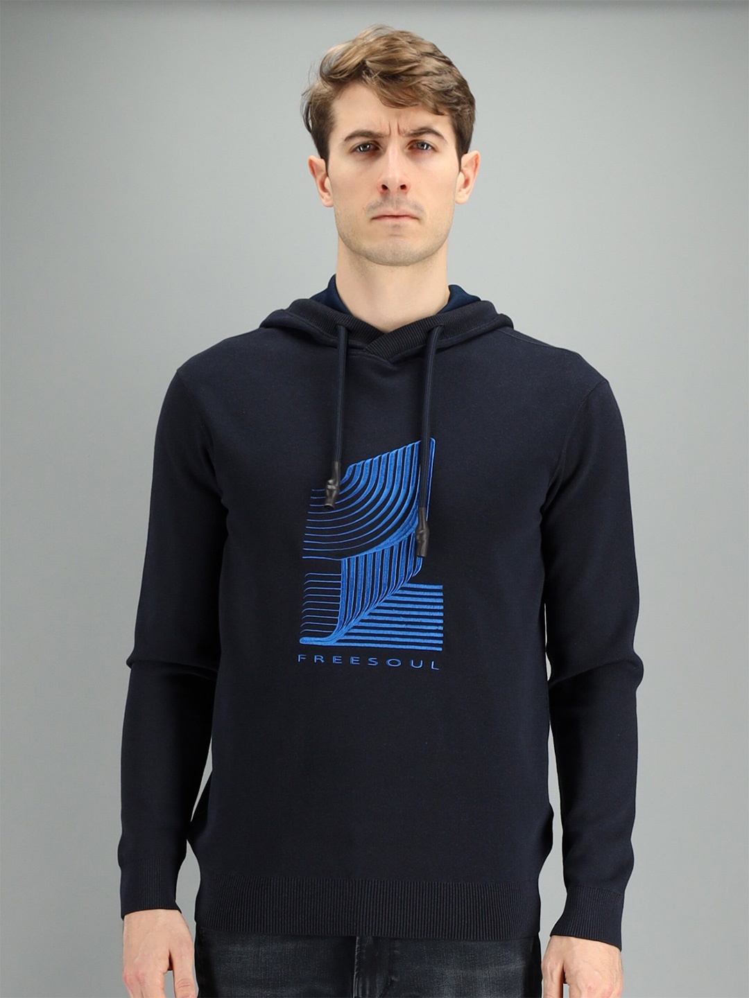 

FREESOUL Men Blue Printed Hooded Sweatshirt