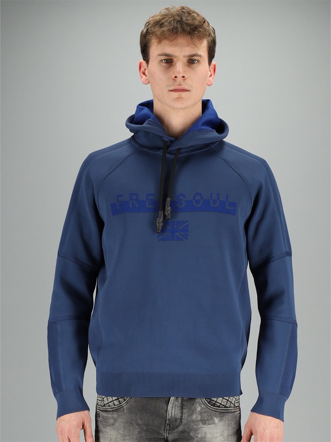 

FREESOUL Men Blue Printed Hooded Sweatshirt