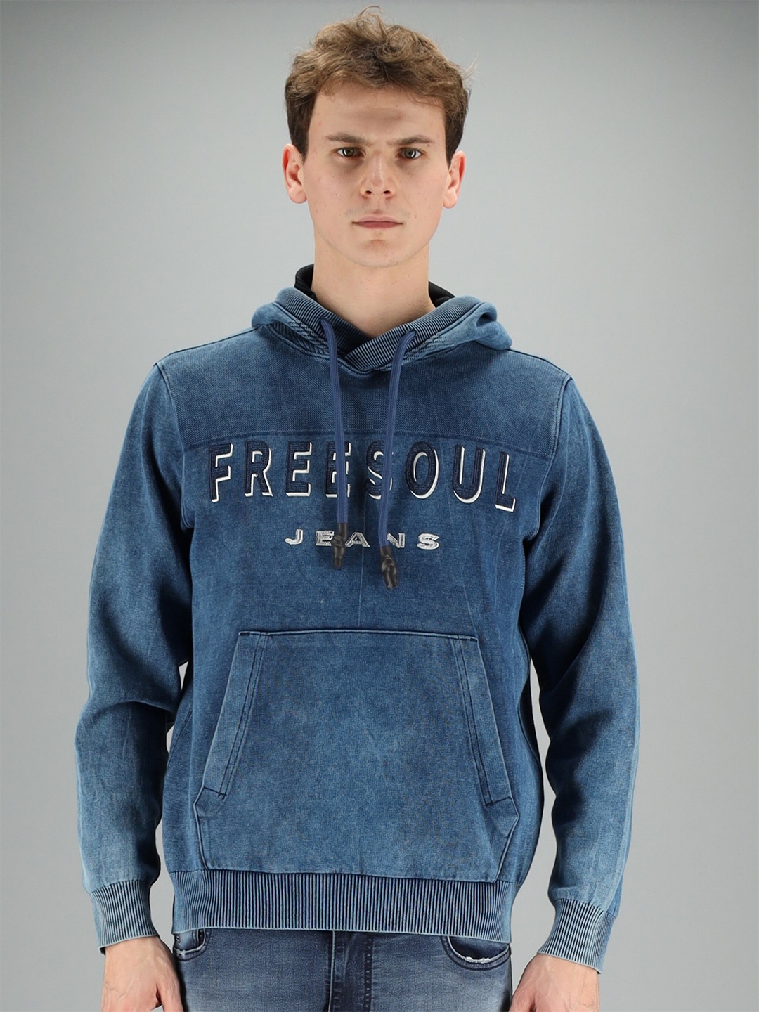 

FREESOUL Men Blue Hooded Sweatshirt