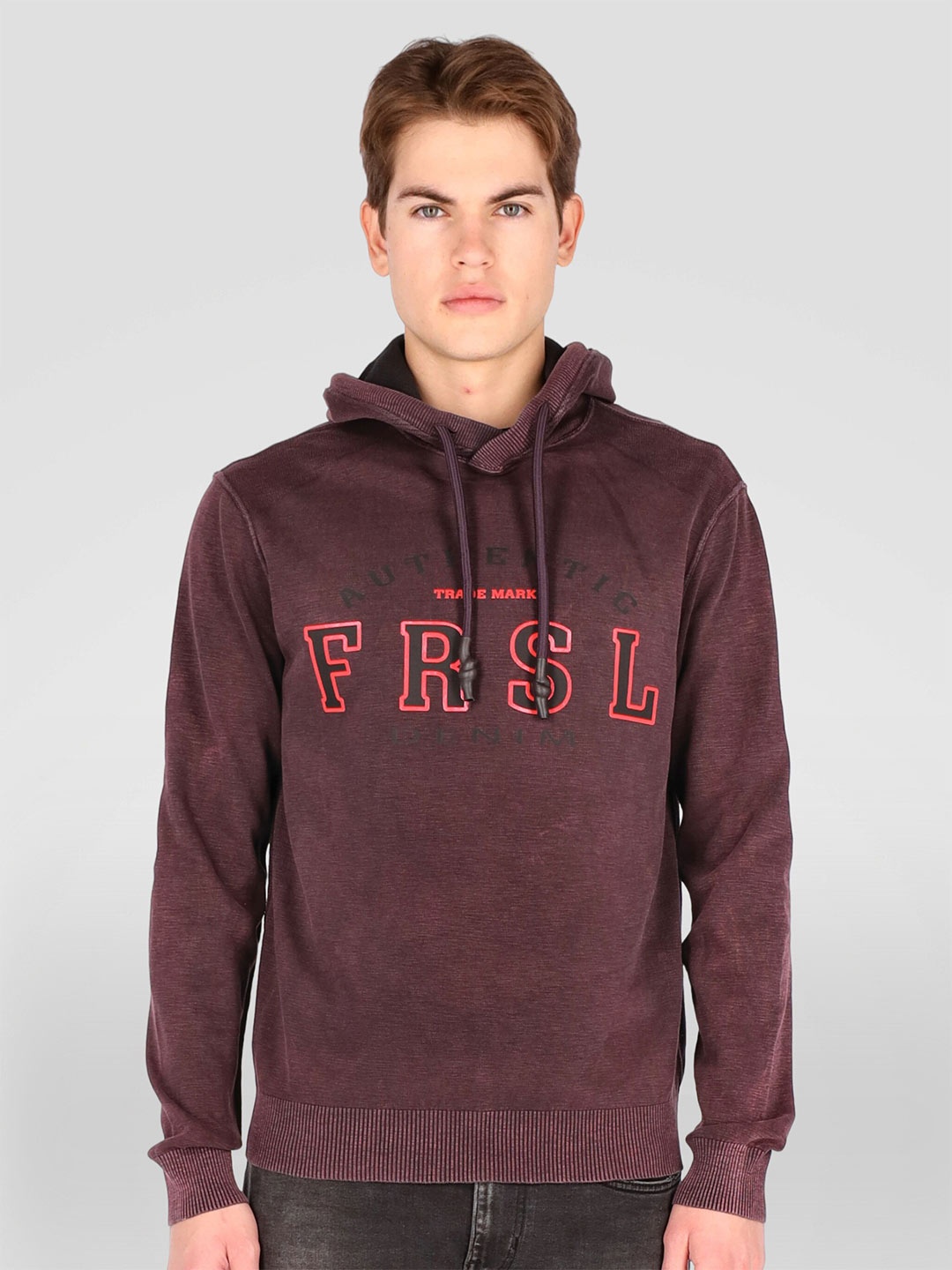 

FREESOUL Men Maroon Printed Hooded Sweatshirt