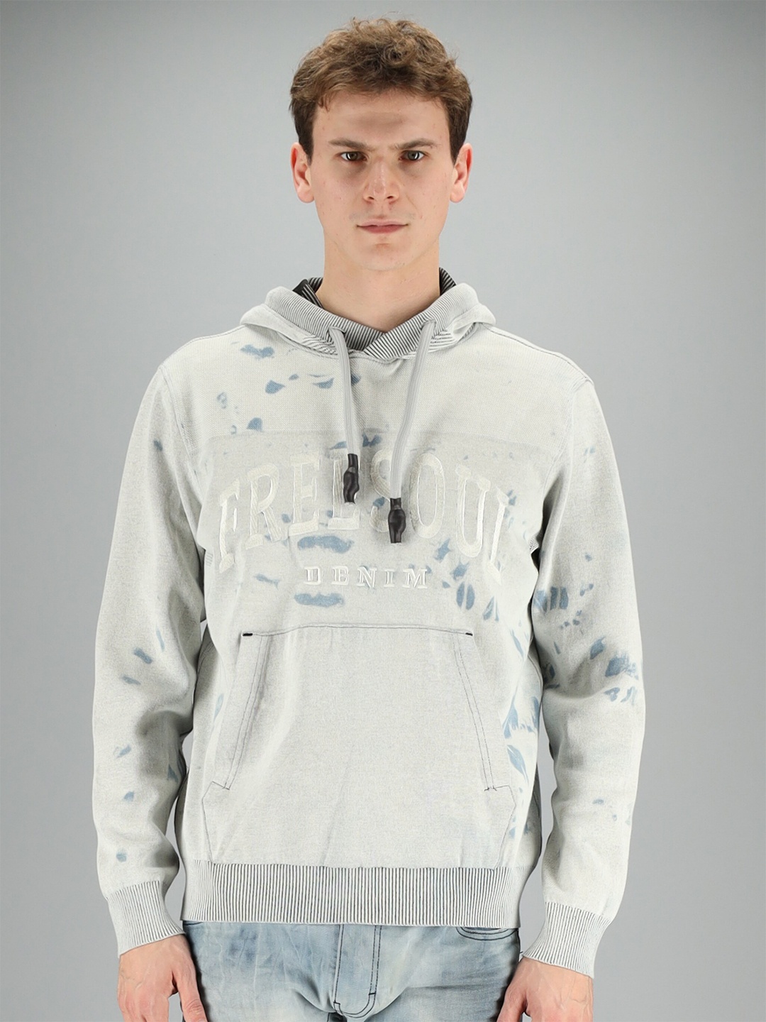 

FREESOUL Men Blue Printed Hooded Sweatshirt