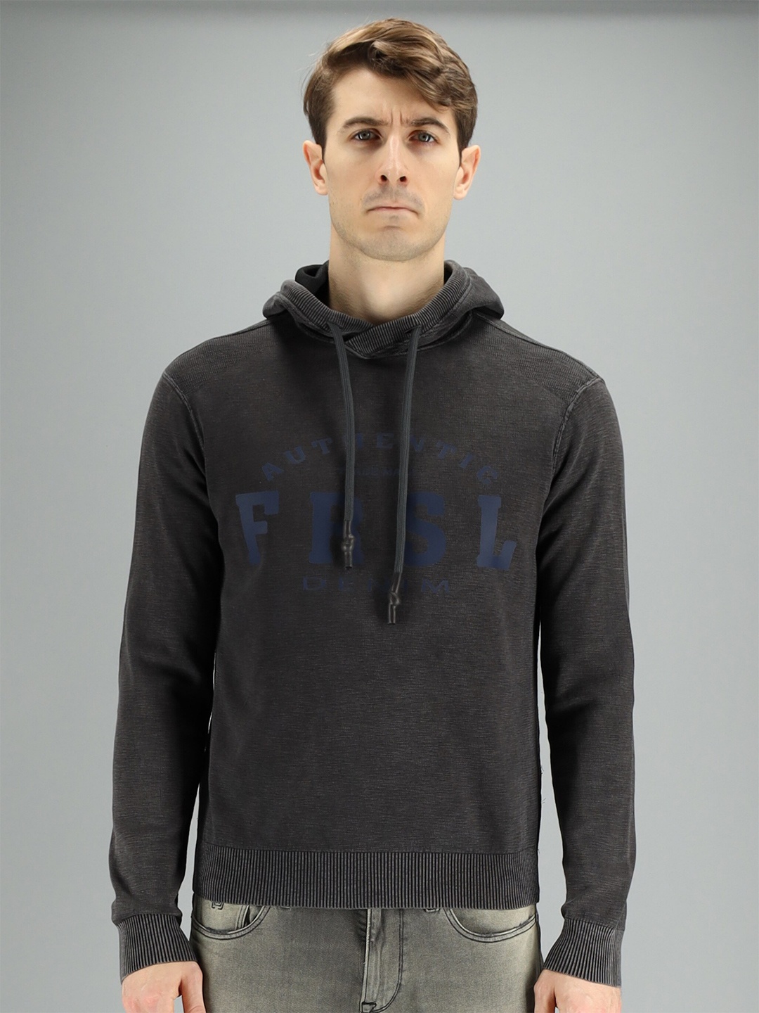 

FREESOUL Men Charcoal Printed Hooded Sweatshirt