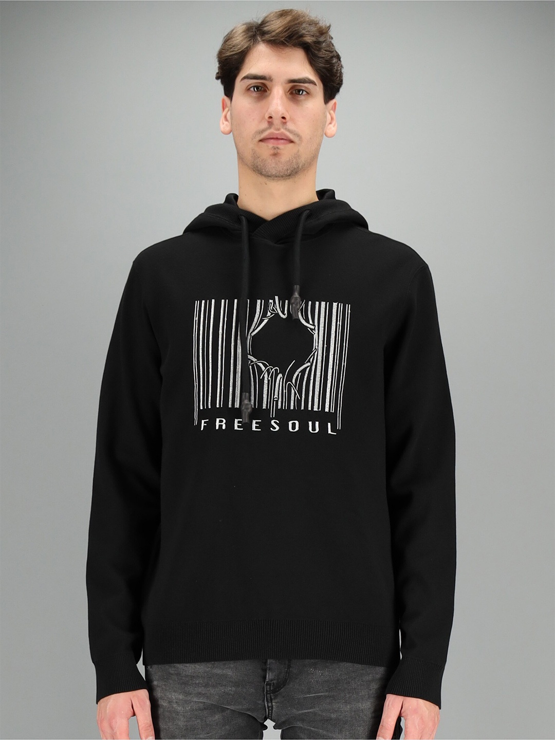 

FREESOUL Men Black Printed Hooded Sweatshirt