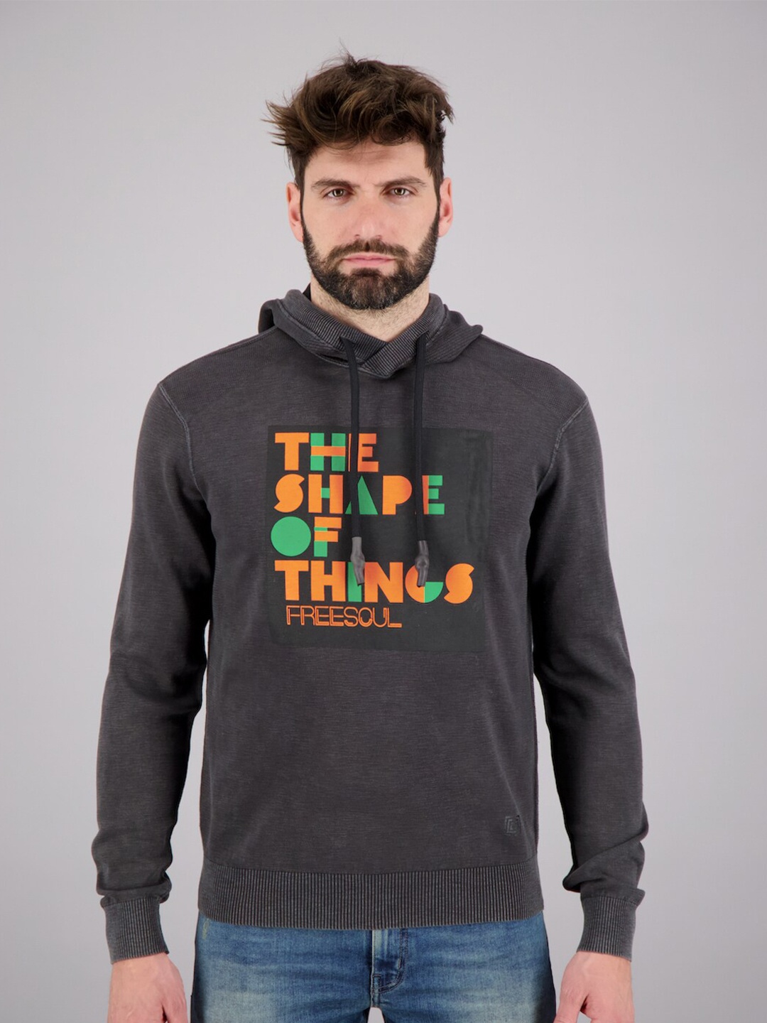 

FREESOUL Men Grey Printed Hooded Sweatshirt