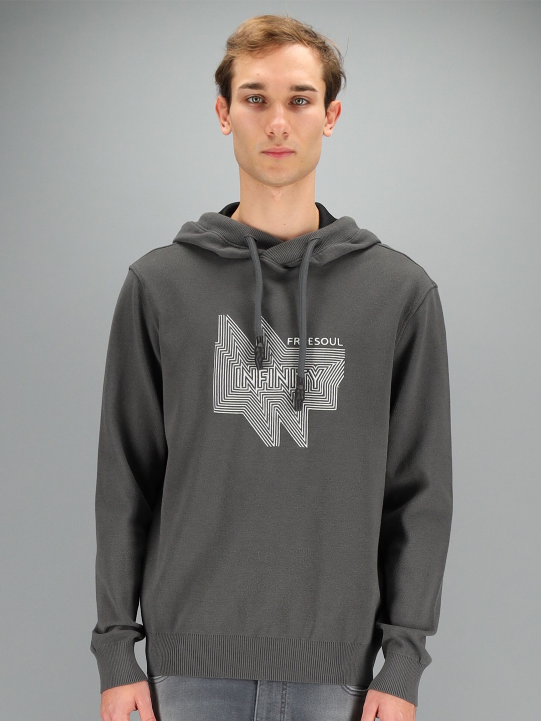 

FREESOUL Men Grey Printed Hooded Sweatshirt