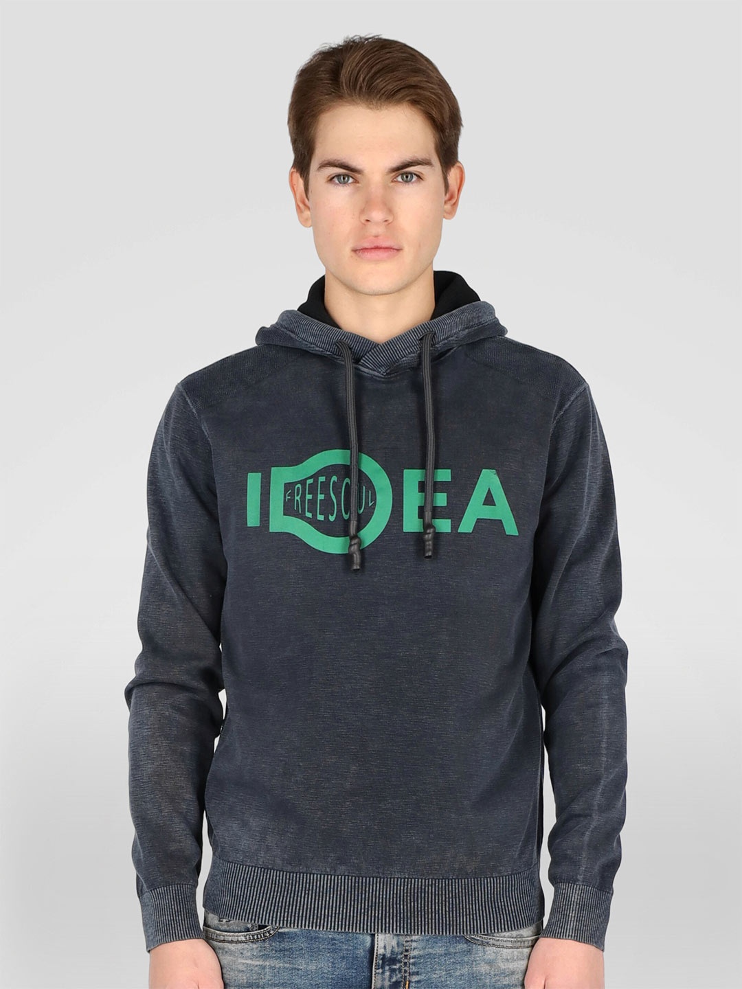 

FREESOUL Men Blue Printed Hooded Sweatshirt