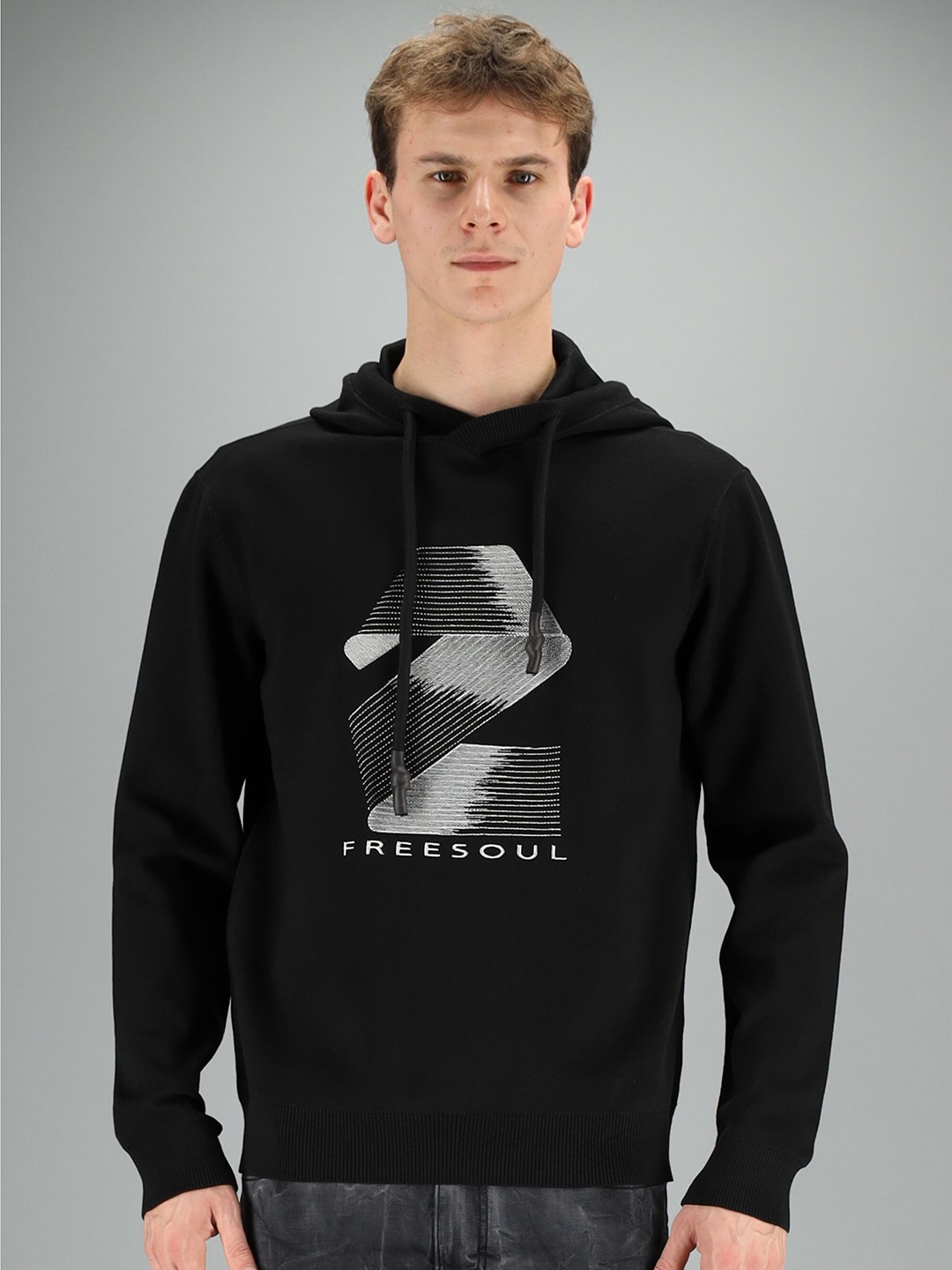 

FREESOUL Men Black Printed Hooded Sweatshirt