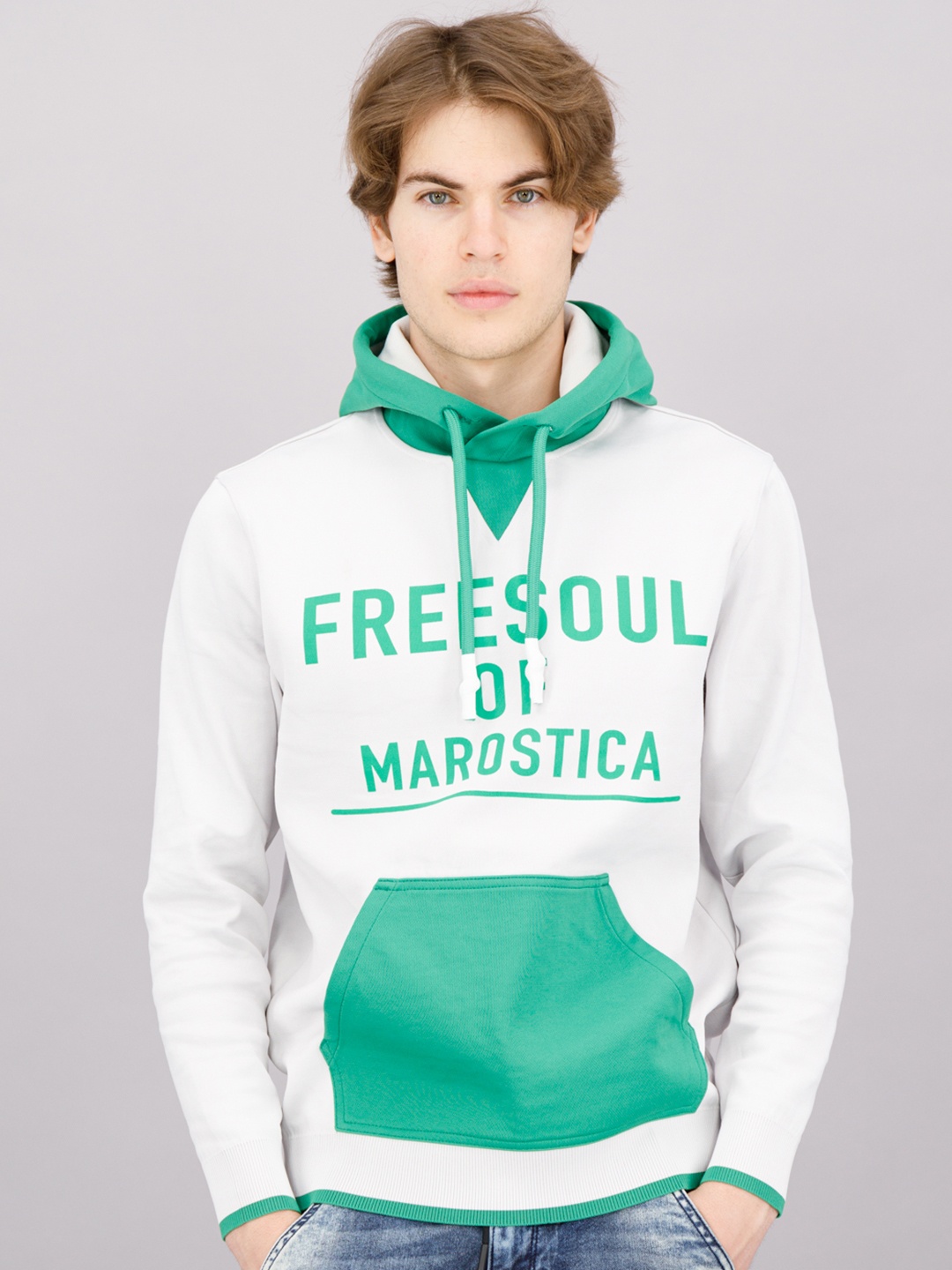 

FREESOUL Men Green & White Printed Hooded Sweatshirt