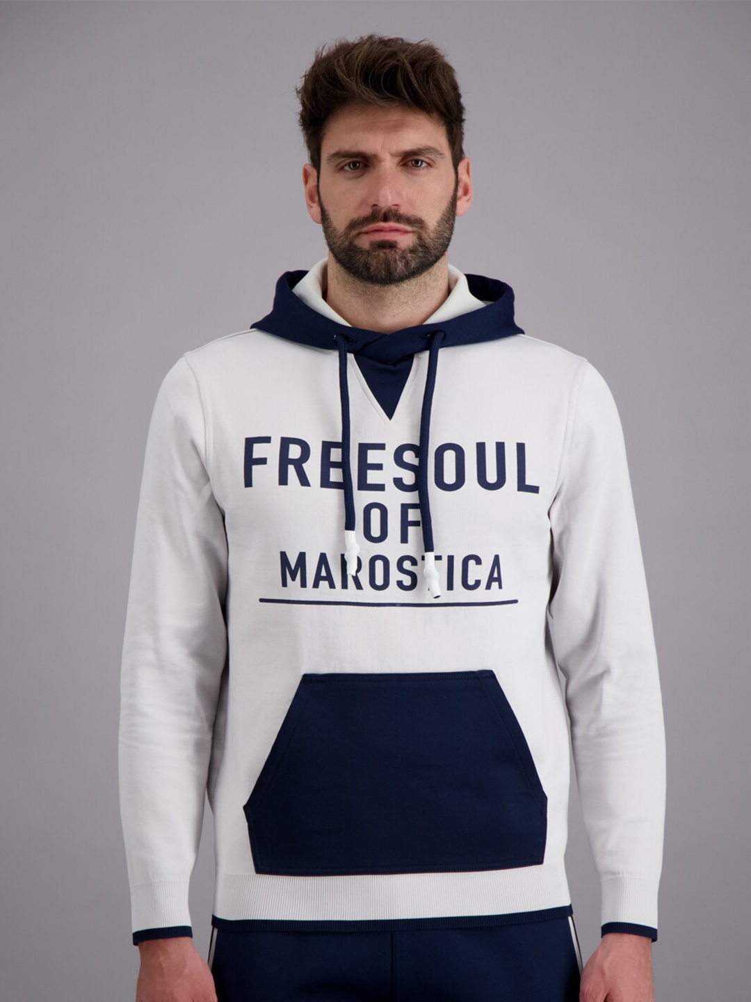 

FREESOUL Men Blue & White Printed Hooded Sweatshirt