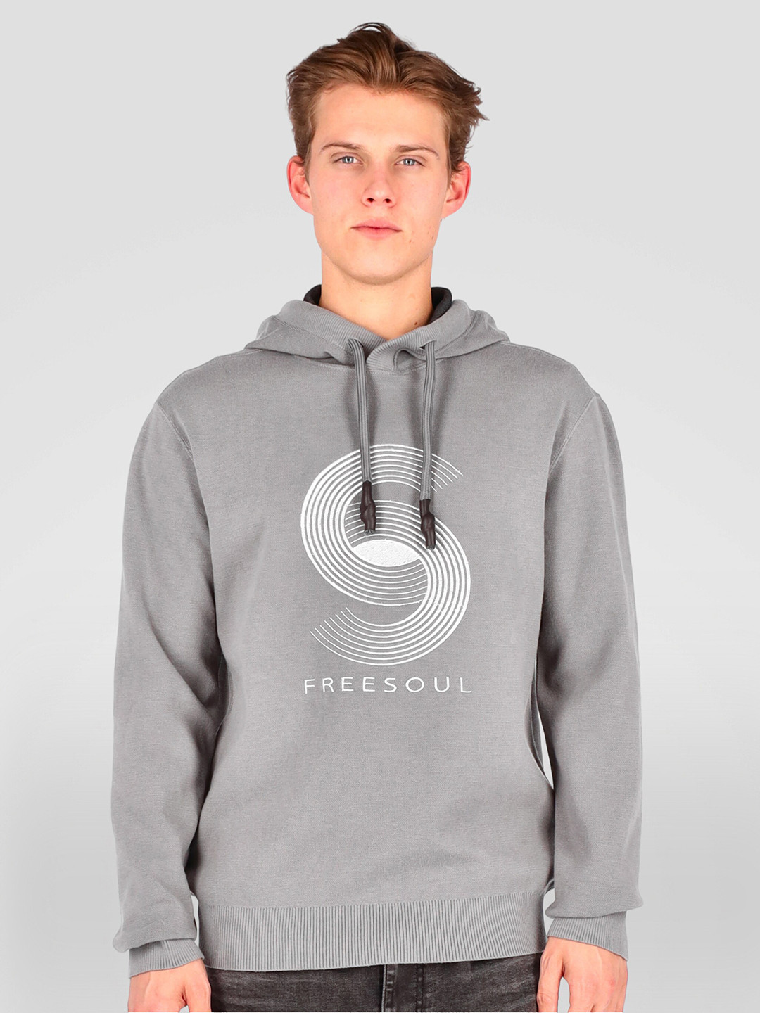 

FREESOUL Men Grey Printed Hooded Sweatshirt