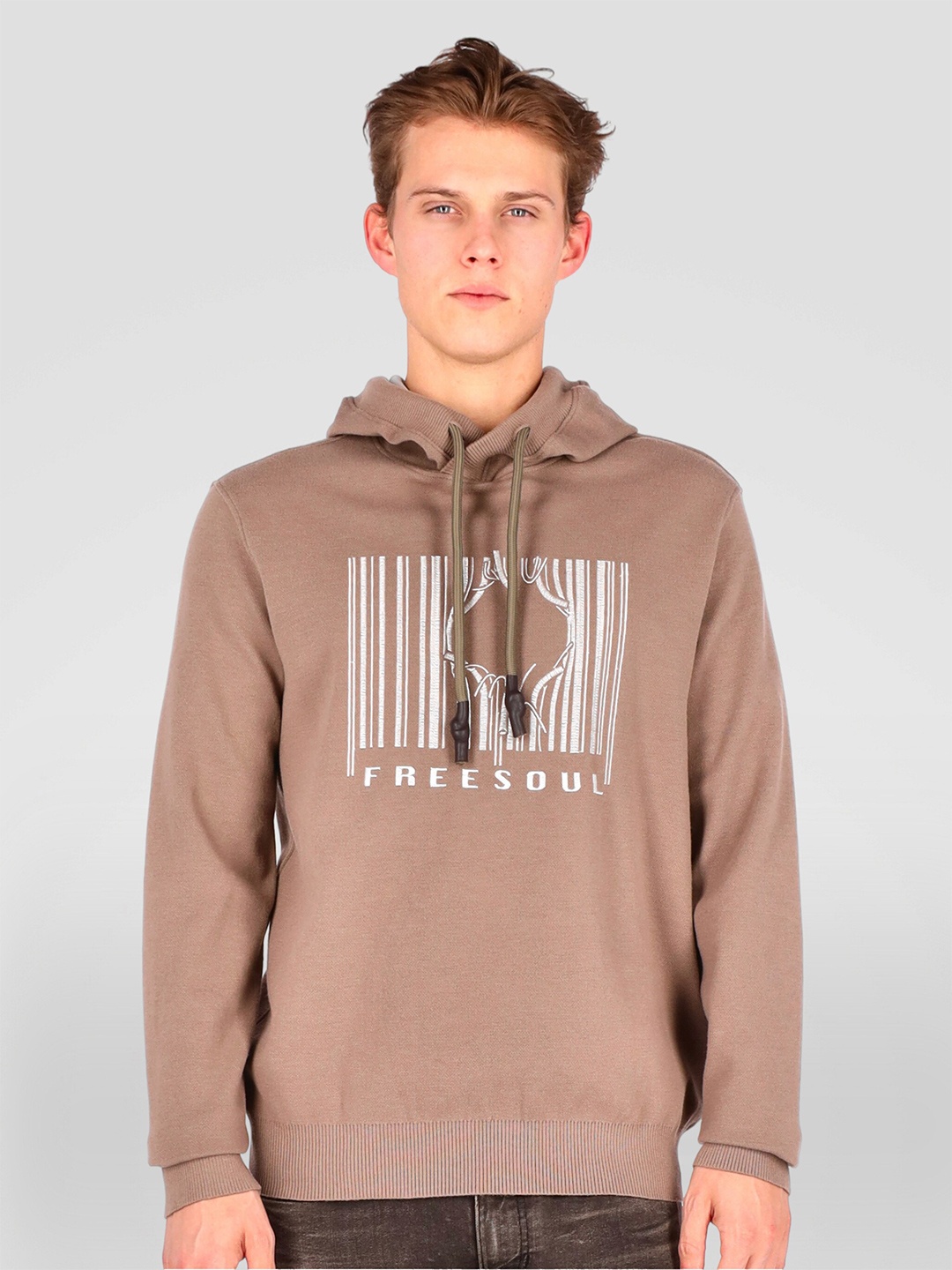 

FREESOUL Men Brown Printed Hooded Sweatshirt