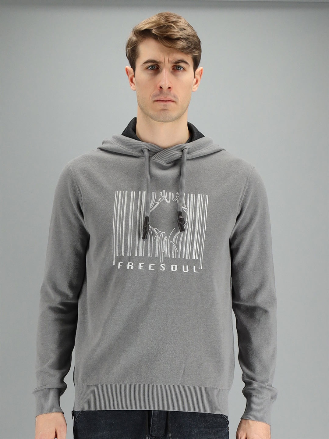 

FREESOUL Men Grey Printed Hooded Sweatshirt