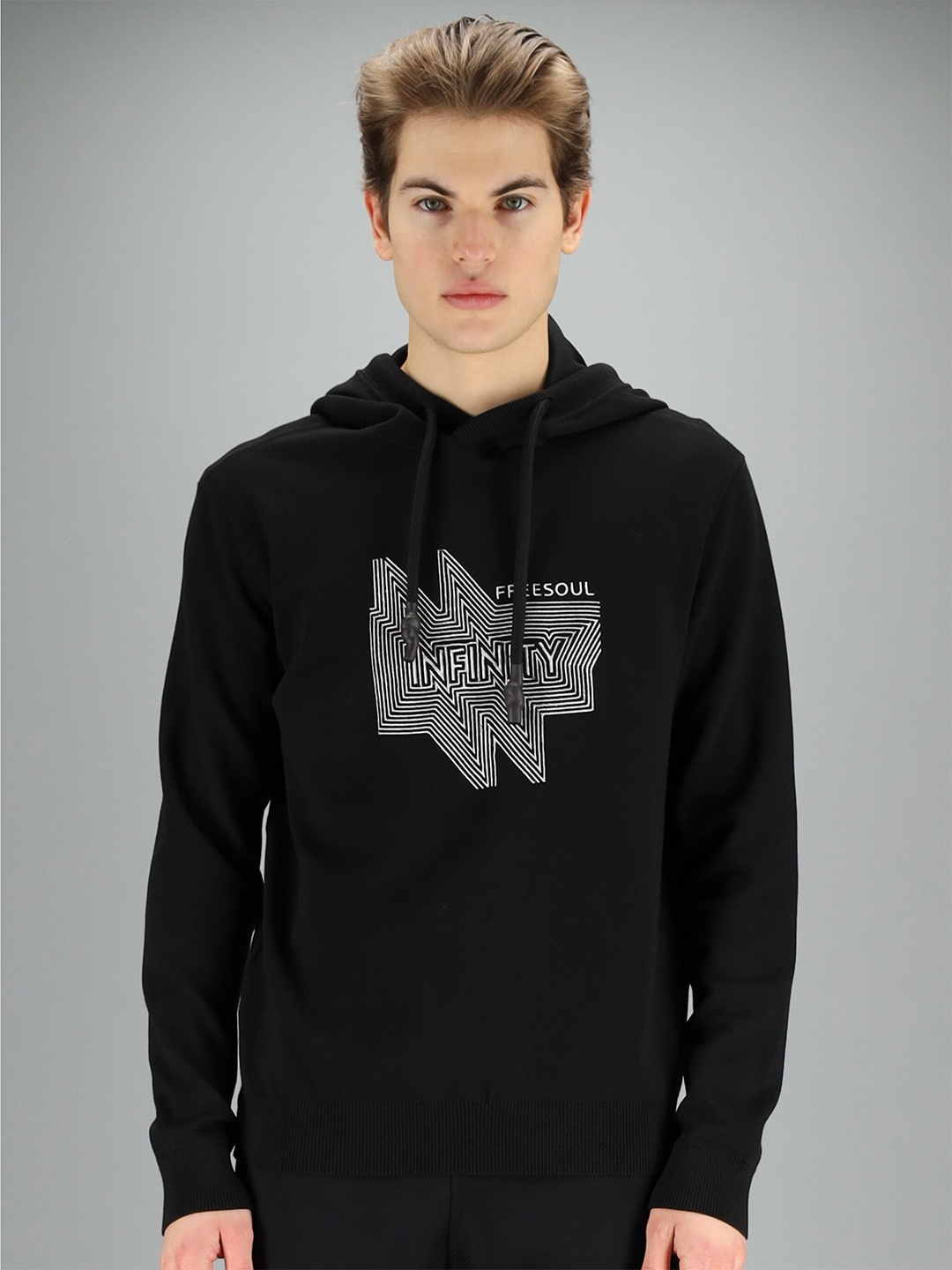 

FREESOUL Men Black Printed Hooded Sweatshirt