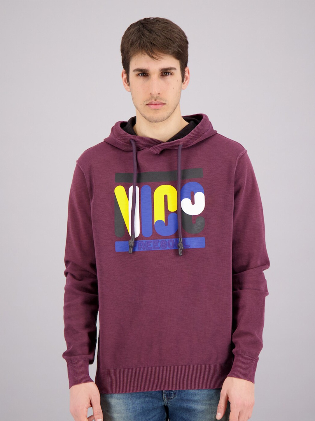 

FREESOUL Men Maroon Printed Hooded Sweatshirt
