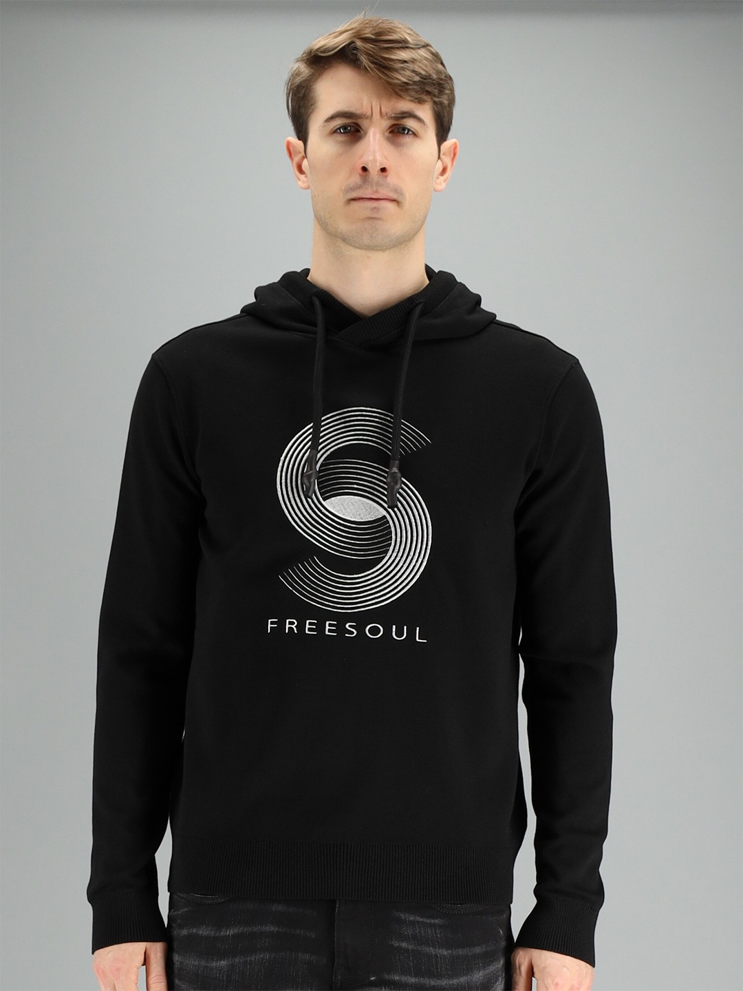 

FREESOUL Men Black Printed Hooded Sweatshirt