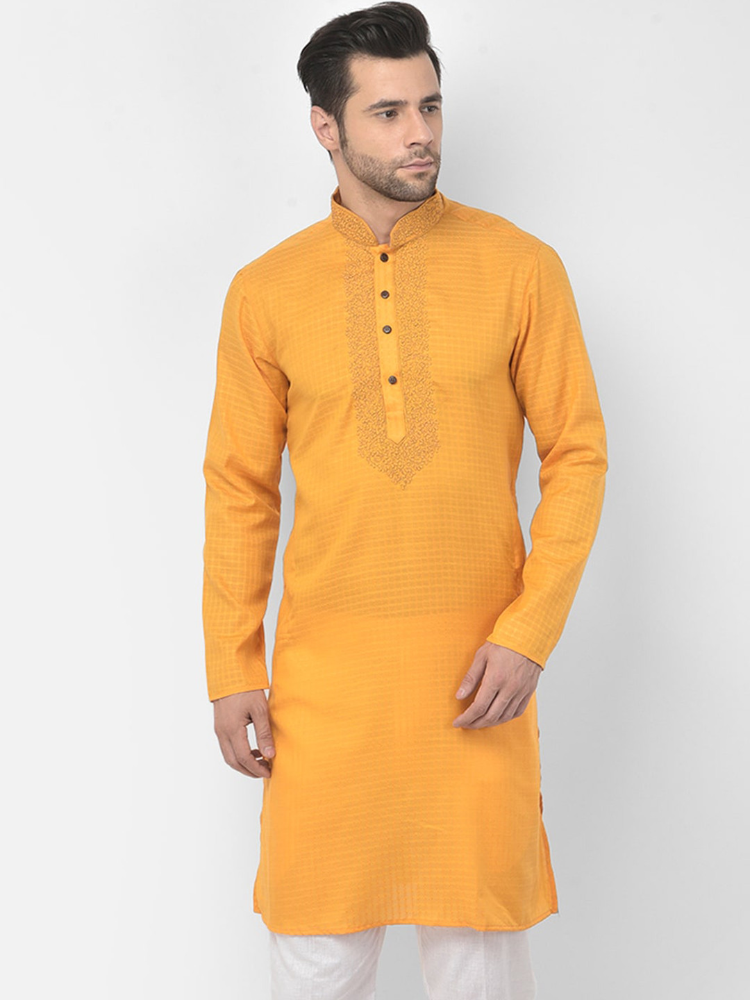 

DEYANN Men Yellow Floral Thread Work Kurta