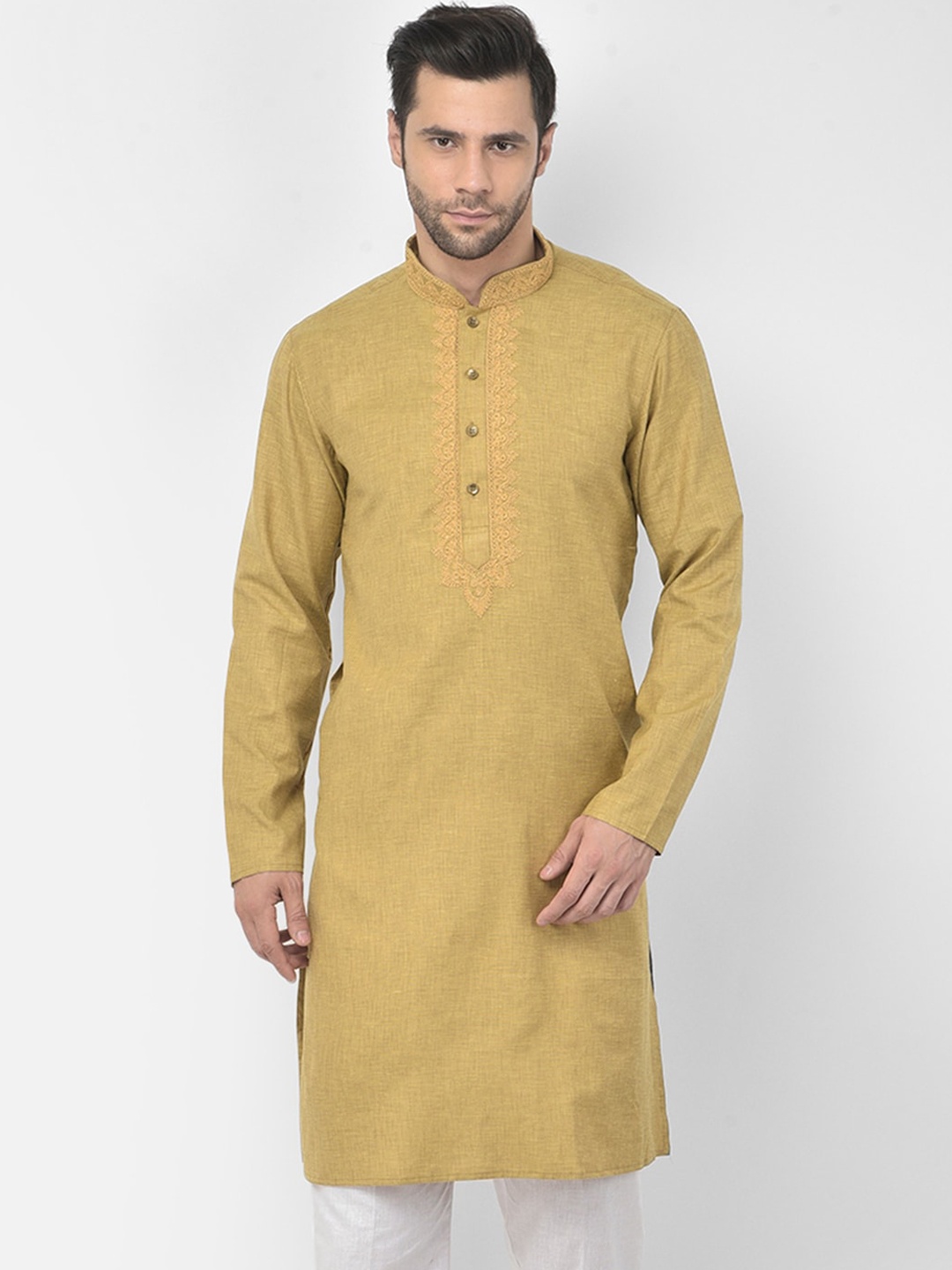 

DEYANN Men Green Yoke Design Thread Work Kurta