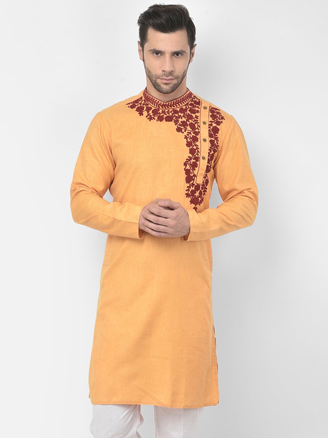 

DEYANN Men Yellow Ethnic Motifs Yoke Design Thread Work Kurta