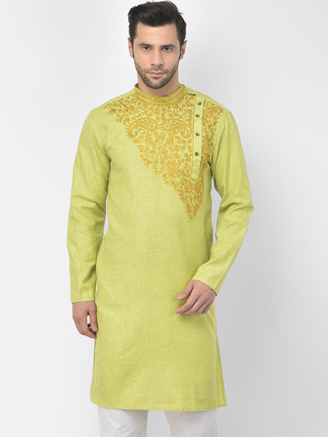 

DEYANN Men Green Floral Embroidered Thread Work Cotton Kurta