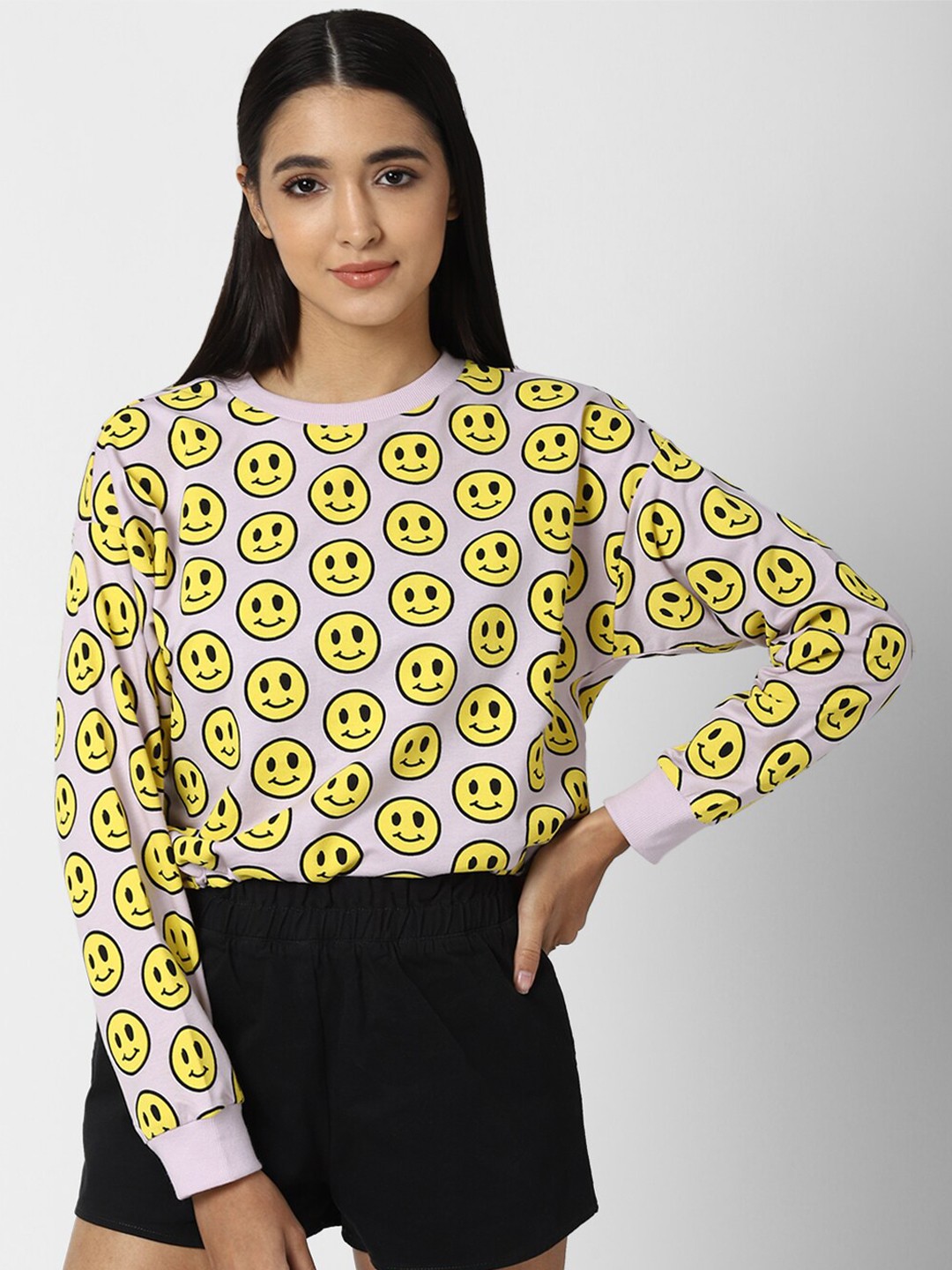 

FOREVER 21 Women Lavender & Yellow Humour and Comic Printed Pure Cotton Pullover