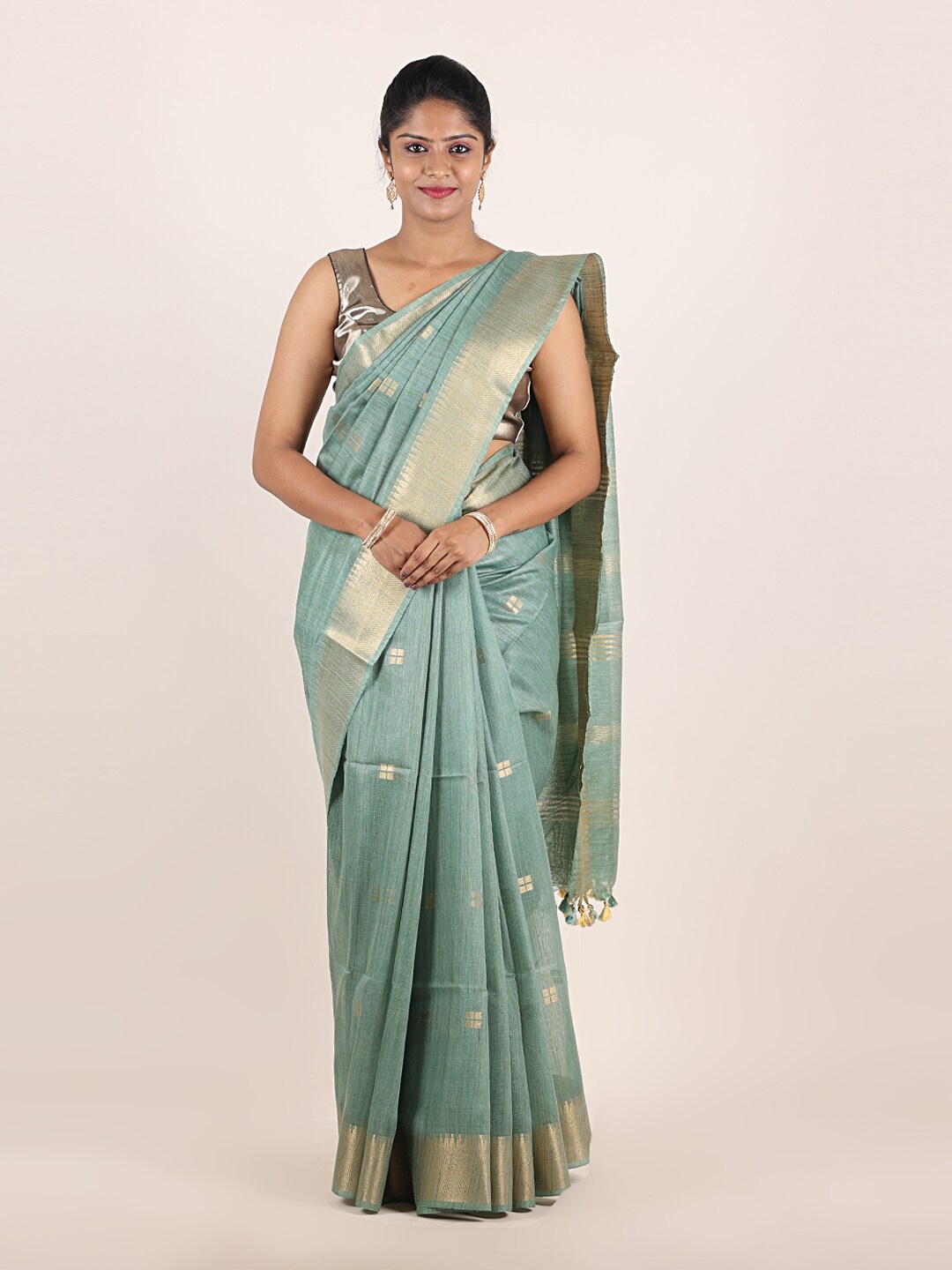

Pothys Sage Green & Gold-Toned Woven Design Zari Pure Linen Saree