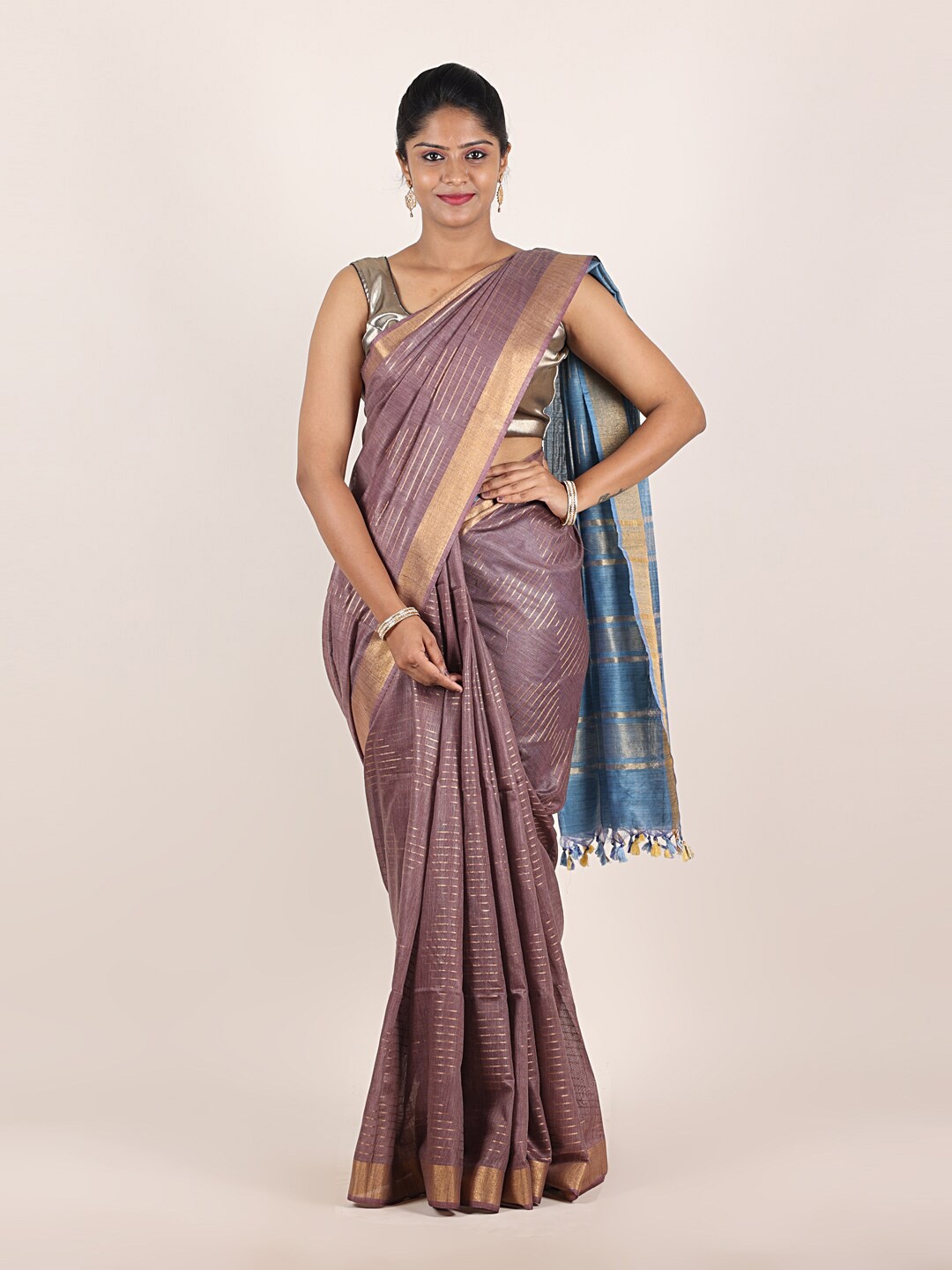 

Pothys Mauve & Blue Zari Pure Linen Saree