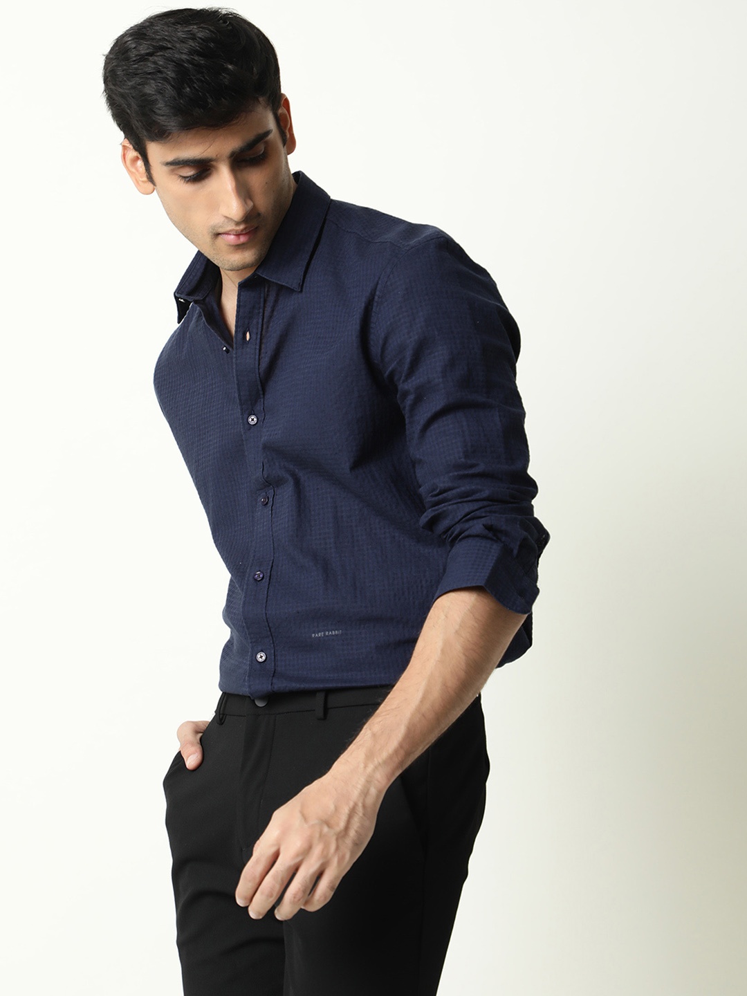 

RARE RABBIT Men Navy Blue Custom Slim Fit Printed Cotton Casual Shirt