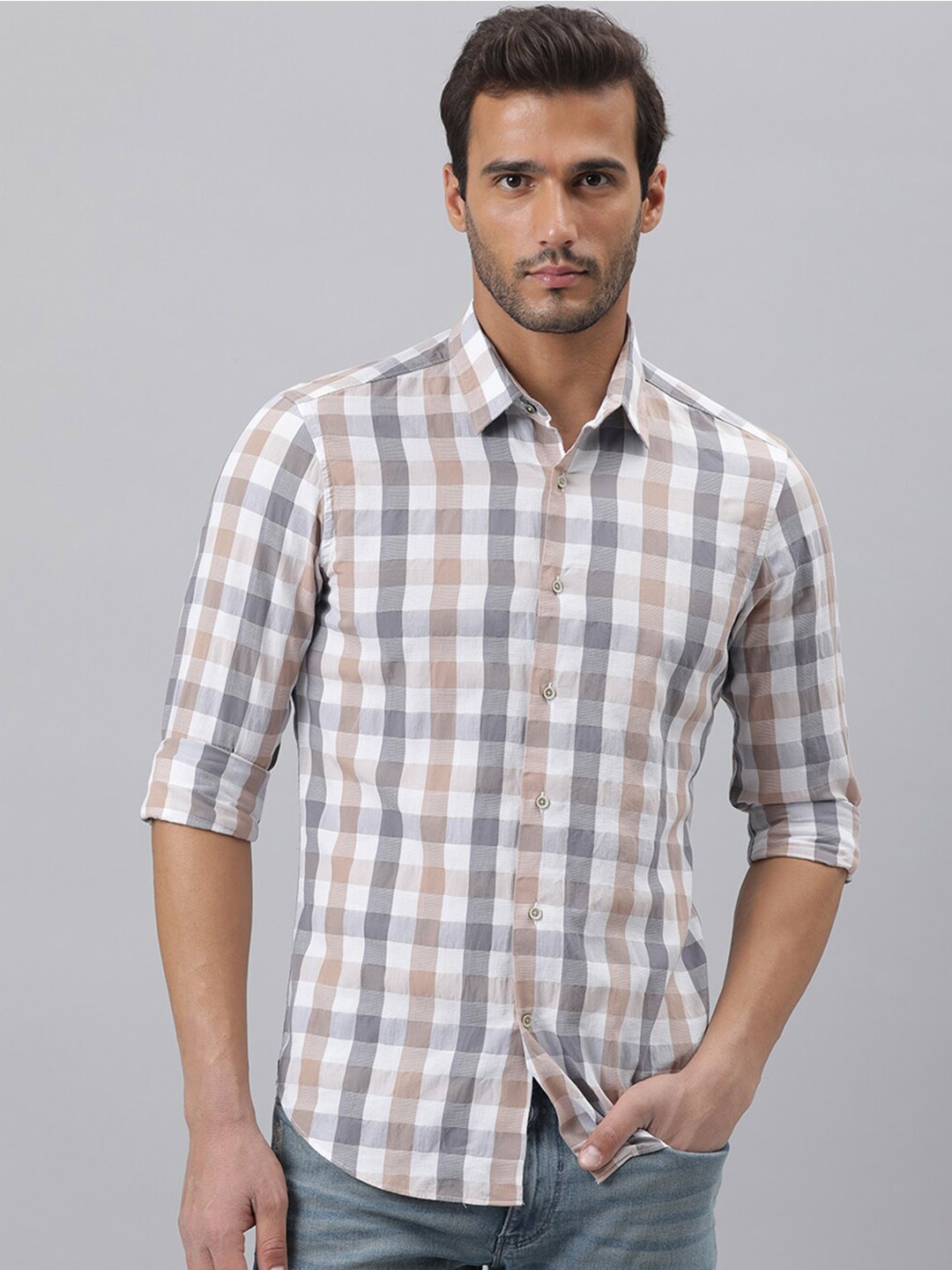 

RARE RABBIT Men Blake Slim Fit Checked Cotton Shirt, Grey