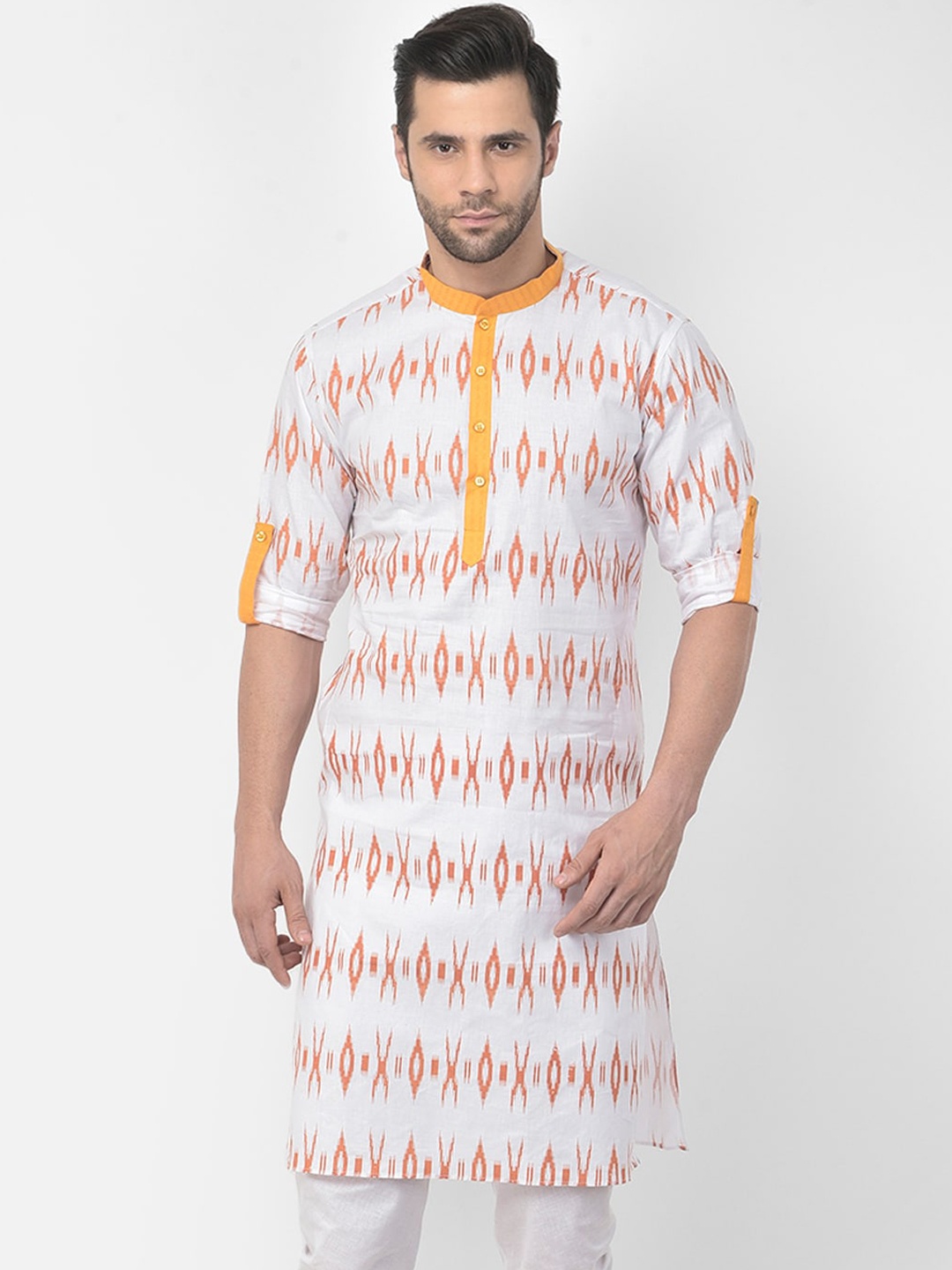 

DEYANN Men White & Yellow Geometric Woven Design Cotton Kurta