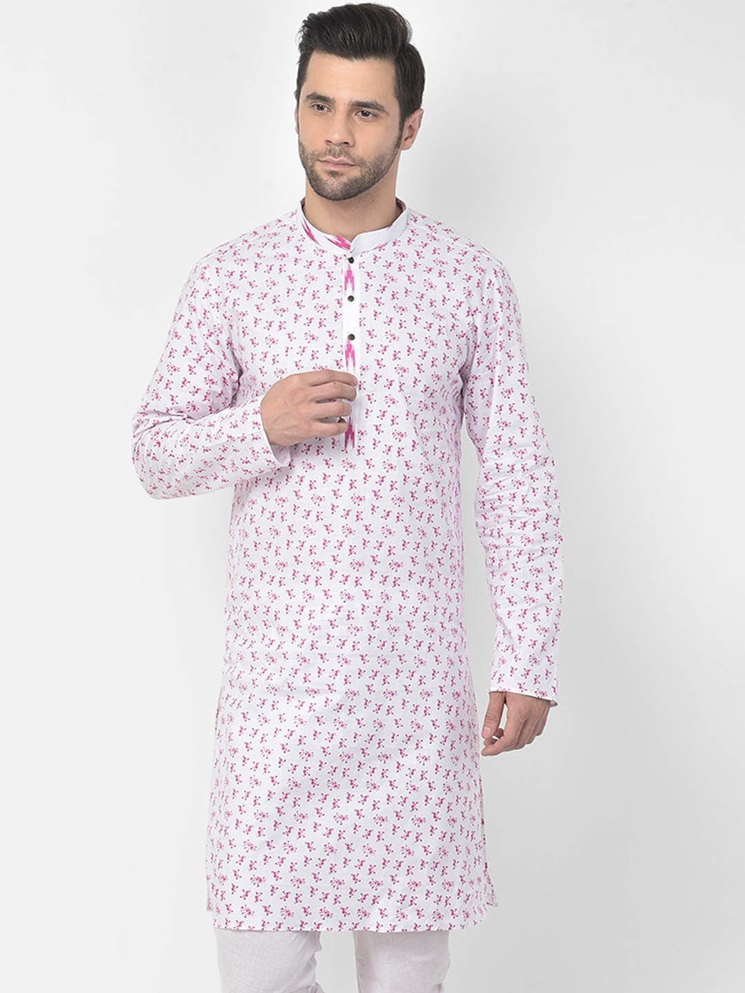 

DEYANN Men White & Pink Floral Printed Kurta