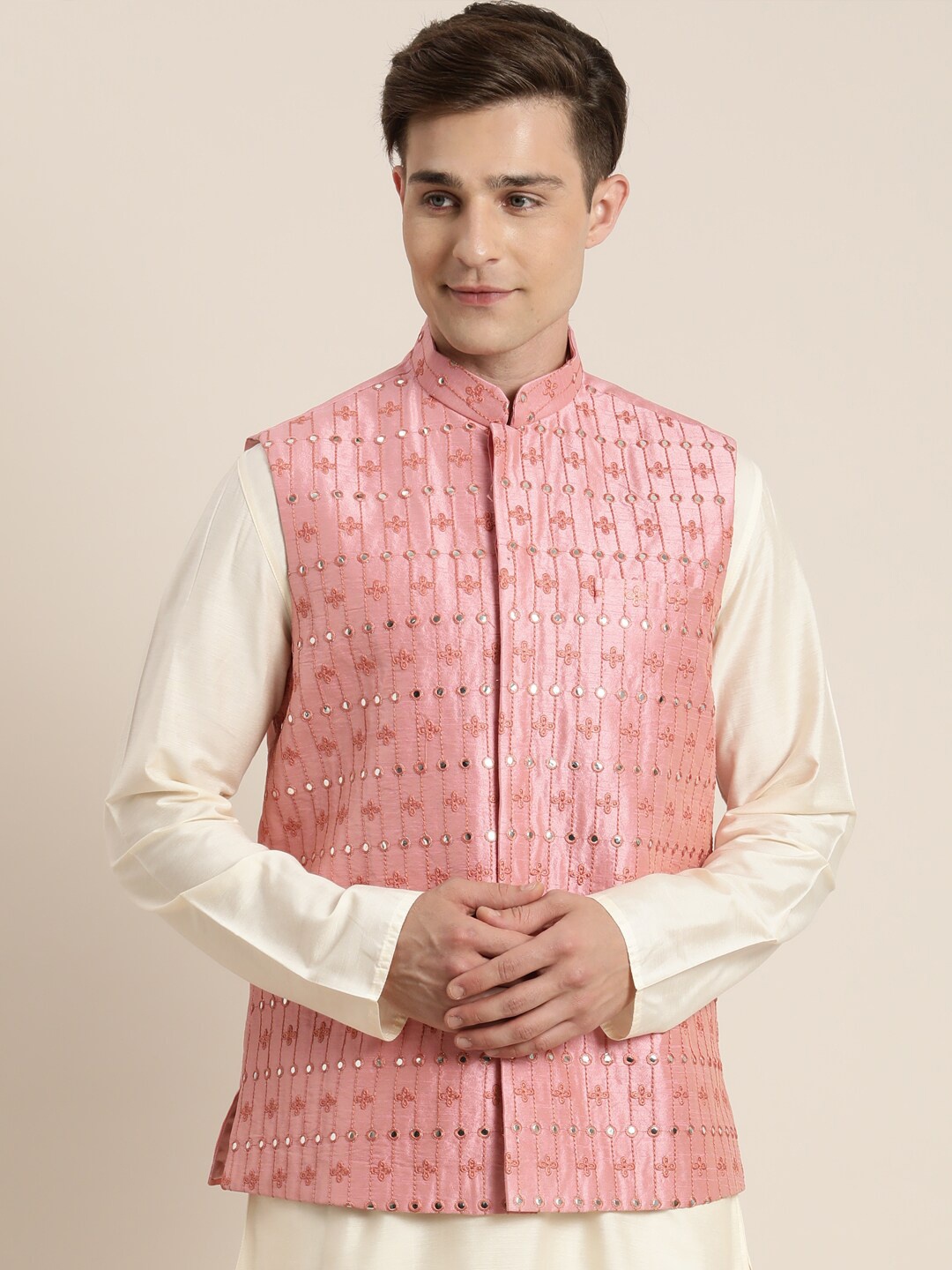 

VASTRAMAY Men Pink Silk Blend Embroidered Mirror Work Nehru Jacket