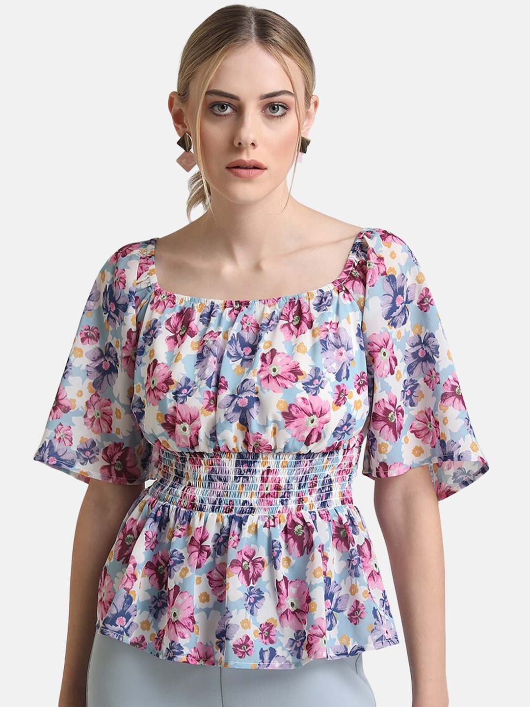 Kazo White Floral Print Tropical Georgette Cinched Waist Top