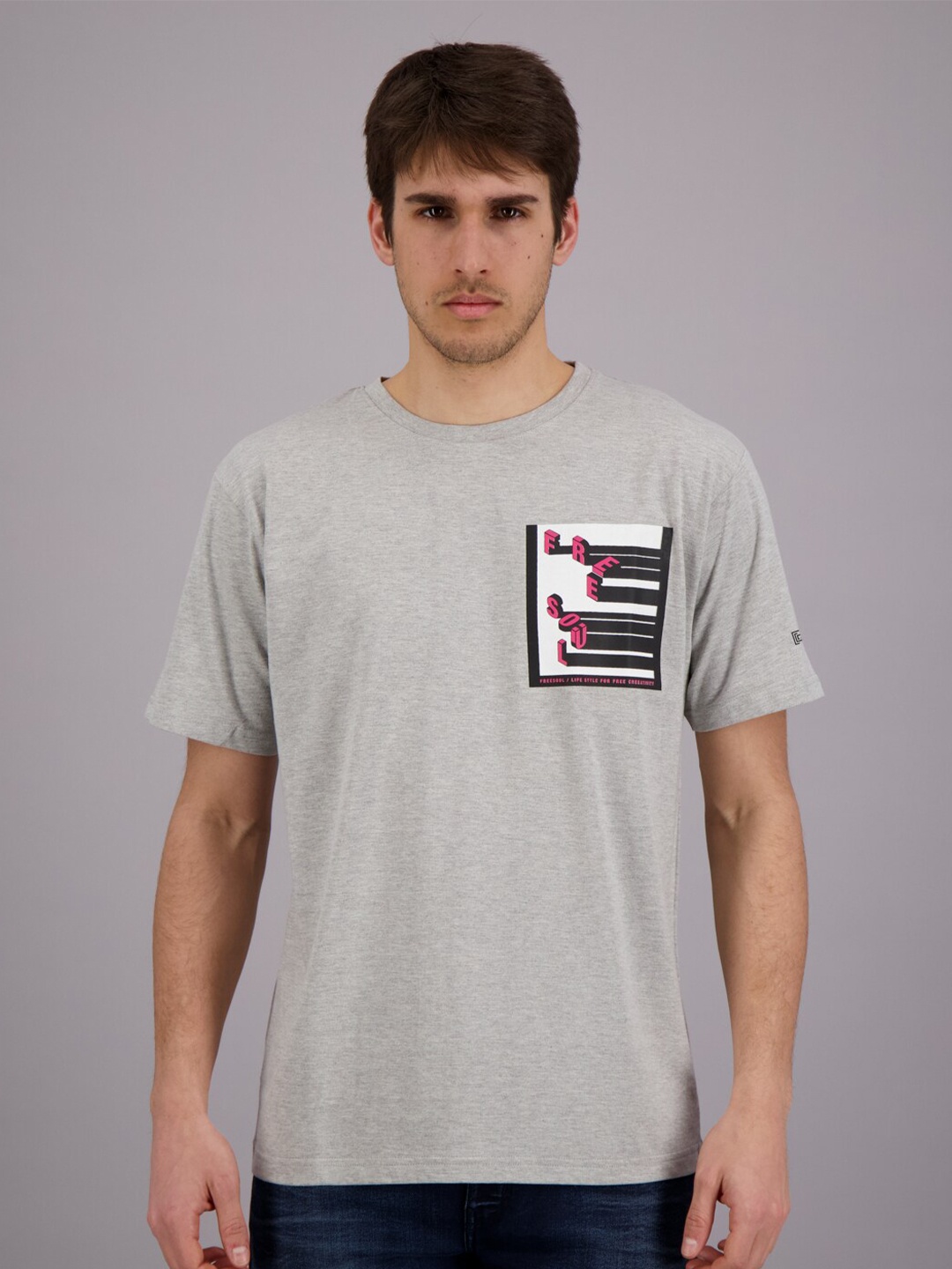 

FREESOUL Men Grey Melange Typography T-shirt